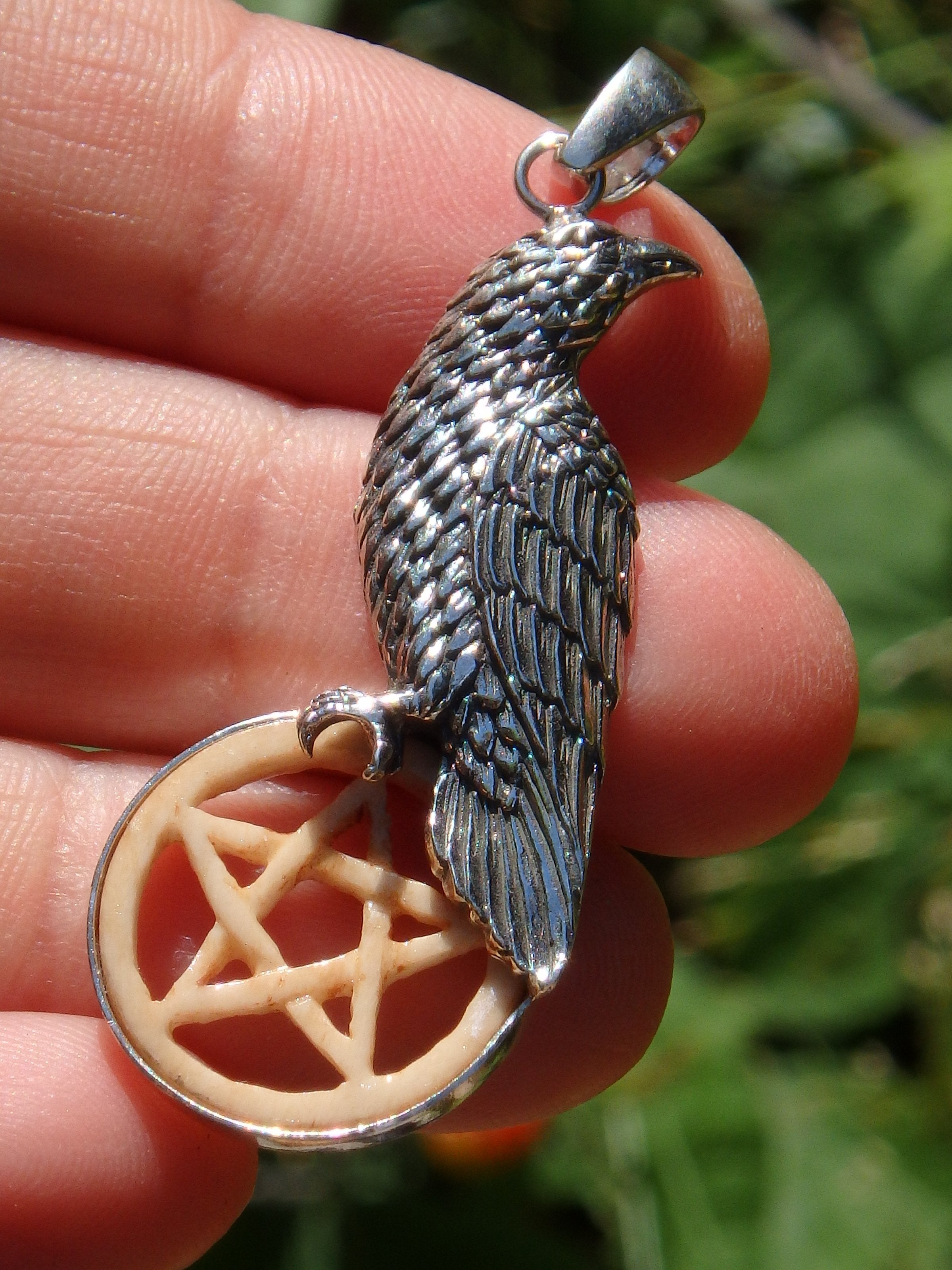 Raven & Bone Pentacle Pendant in Sterling Silver (Includes Silver Chain) - Earth Family Crystals