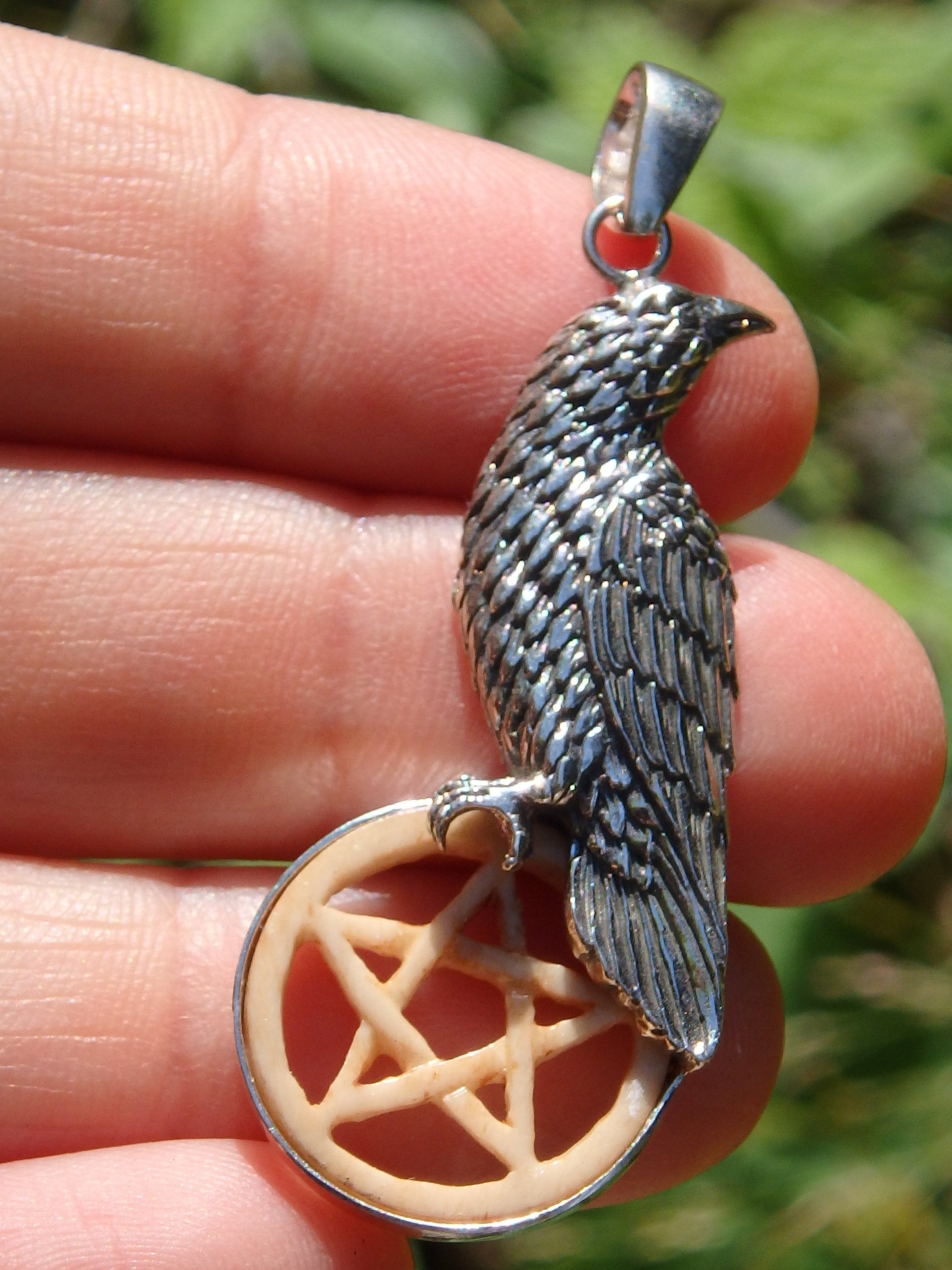 Raven & Bone Pentacle Pendant in Sterling Silver (Includes Silver Chain) - Earth Family Crystals