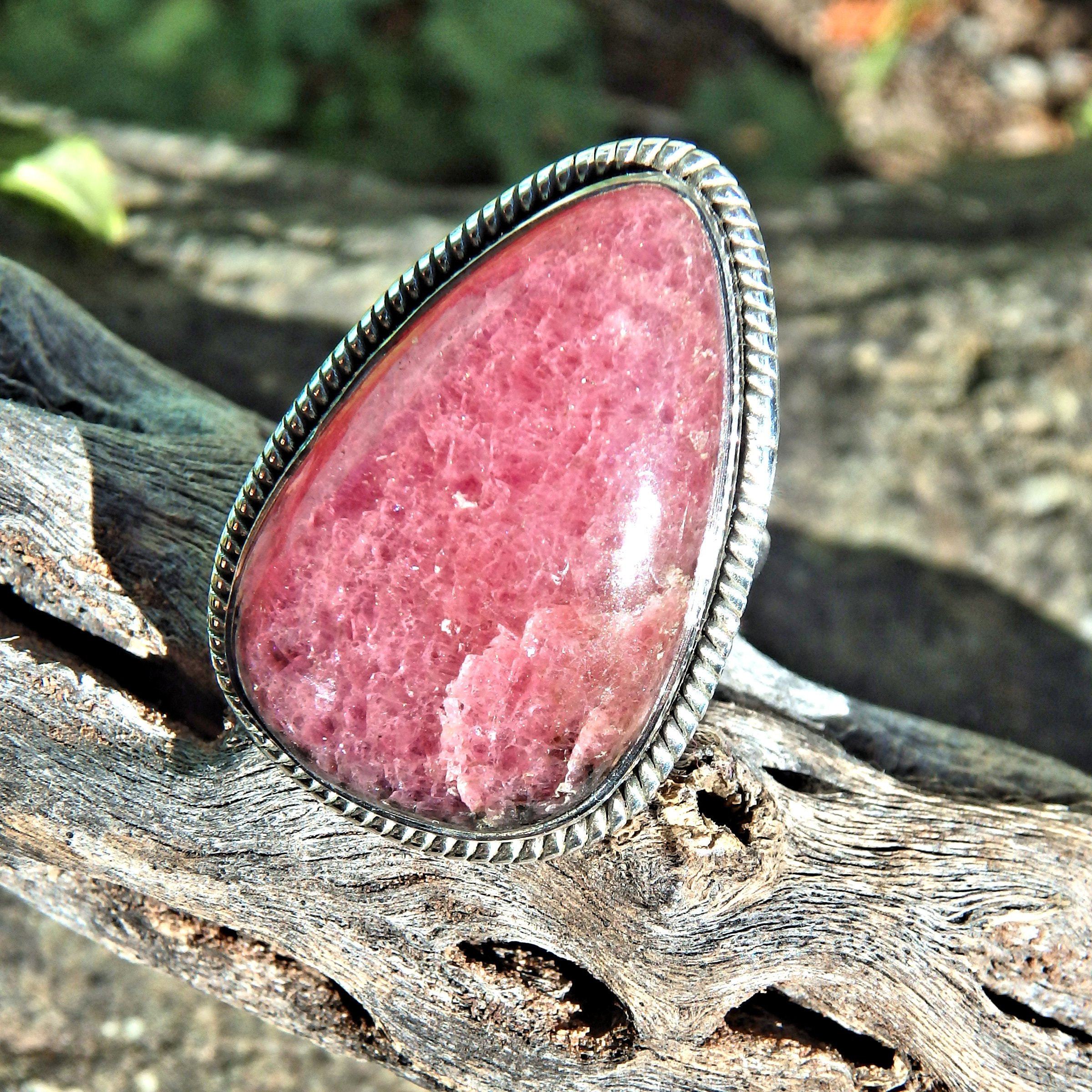Deep Cranberry Red & Hints of Black Rhodonite Ring in Sterling Silver (Size 6) - Earth Family Crystals