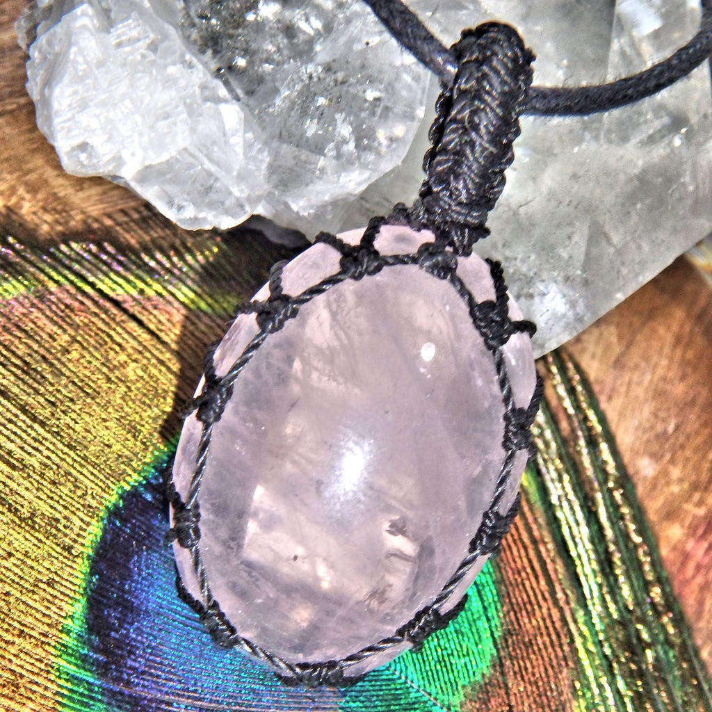 Pink Passion Rose Quartz Handmade Macrame Pendant on Adjustable Cotton Cord - Earth Family Crystals