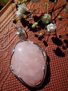 Pretty Pink Rose Quartz & Silver Wire Wrapped Pendant - Earth Family Crystals