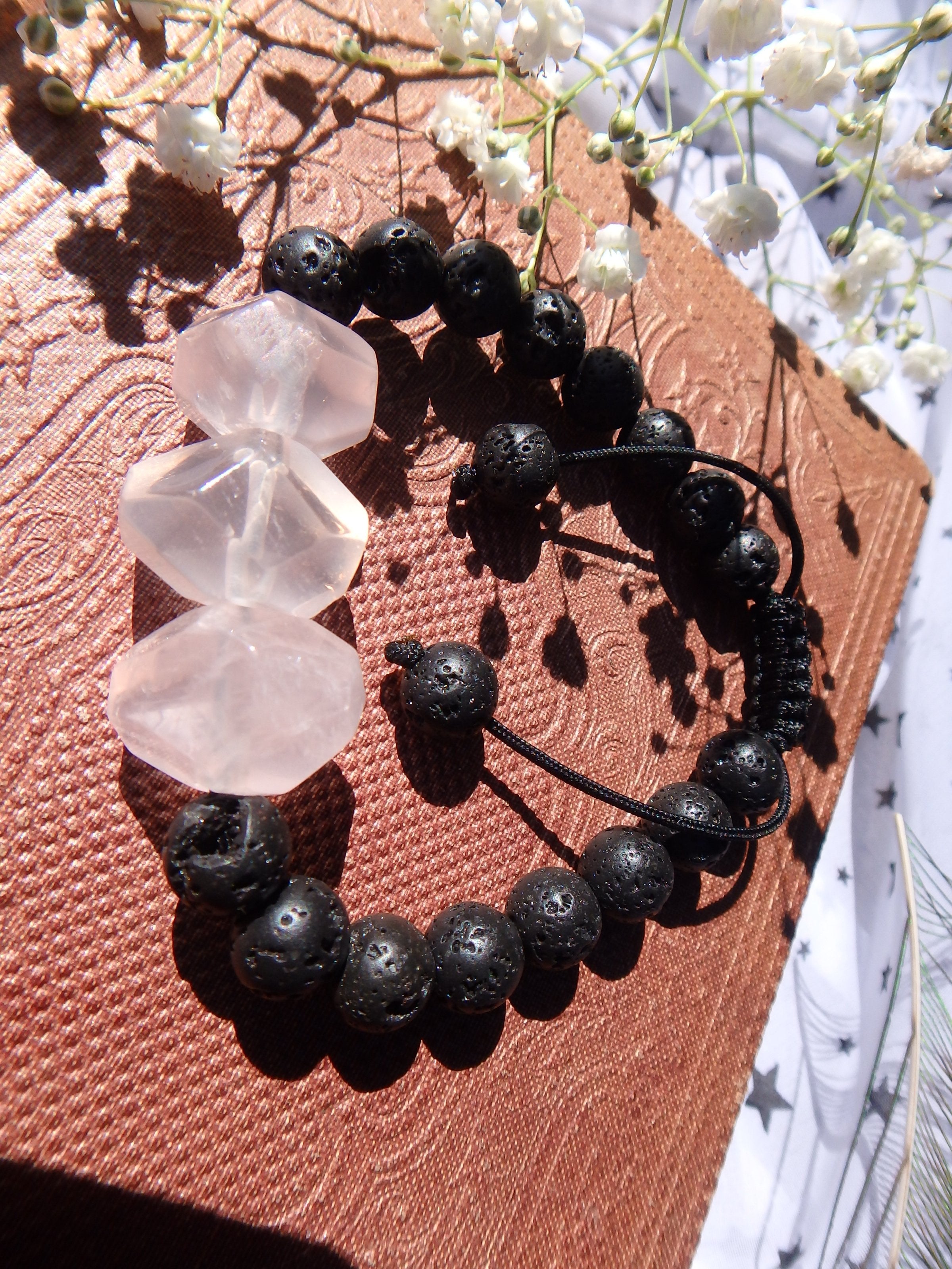 Optical Polished Pink Rose Quartz & Lava Stone Adjustable Bracelet