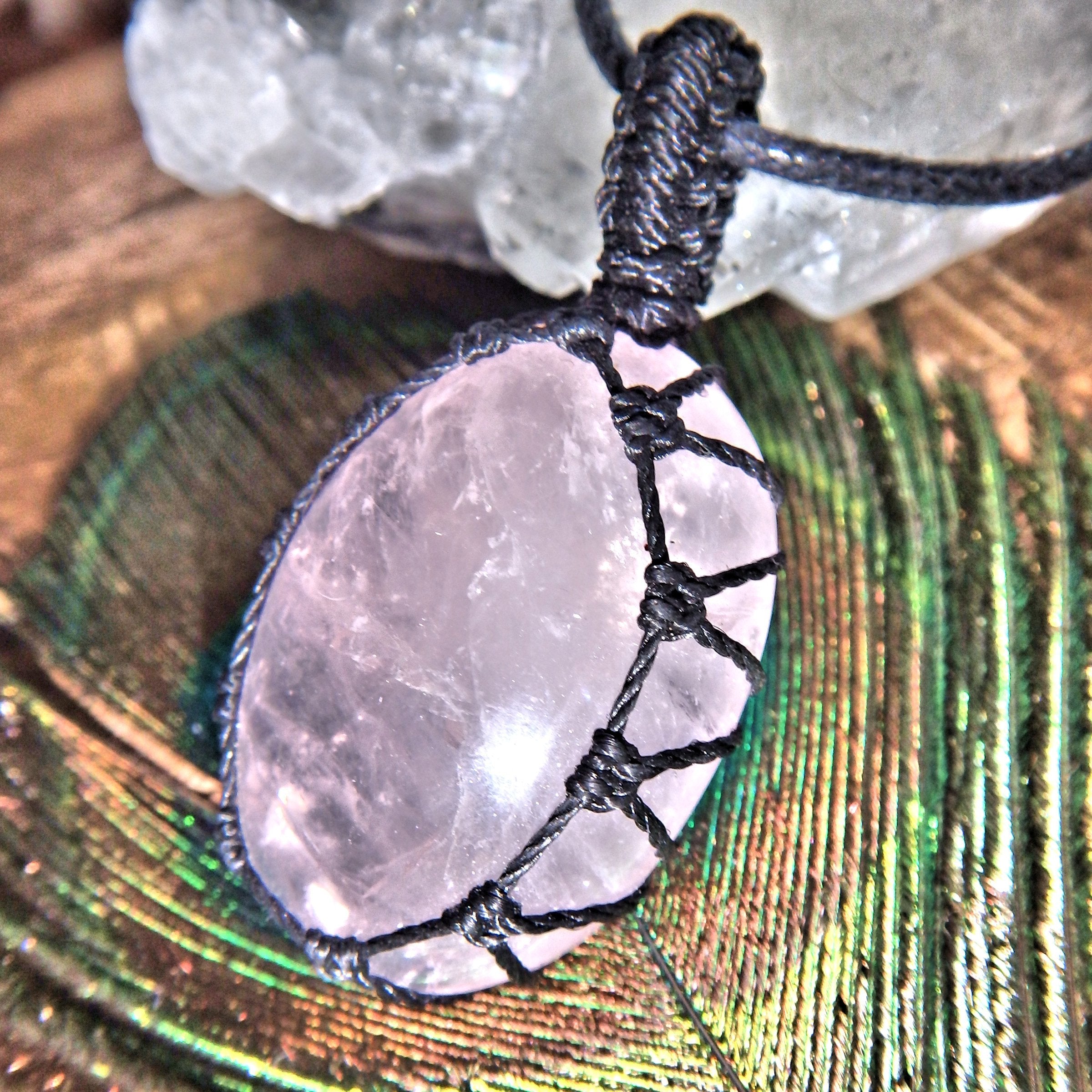 Pink Passion Rose Quartz Handmade Macrame Pendant on Adjustable Cotton Cord - Earth Family Crystals