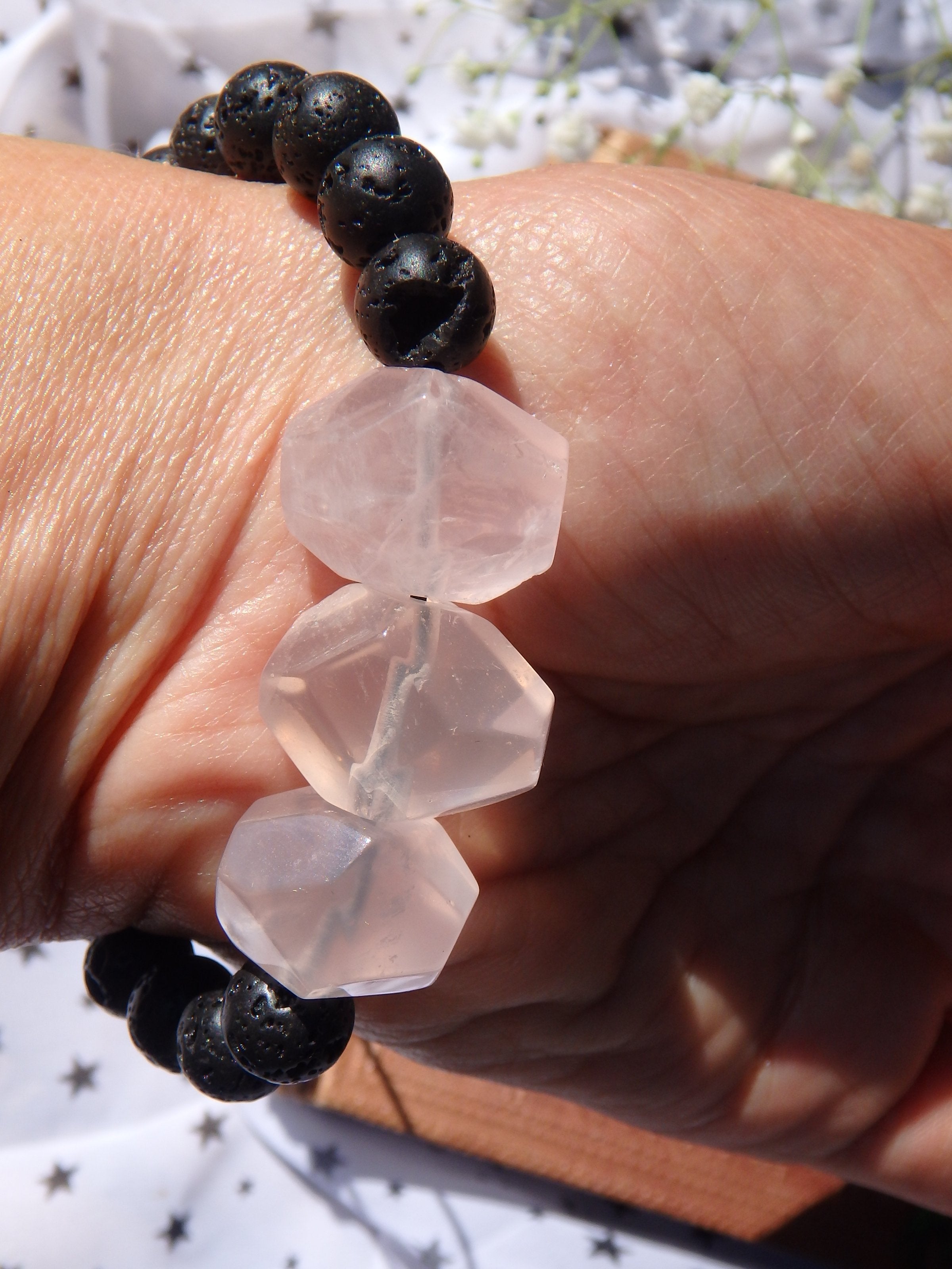 Optical Polished Pink Rose Quartz & Lava Stone Adjustable Bracelet