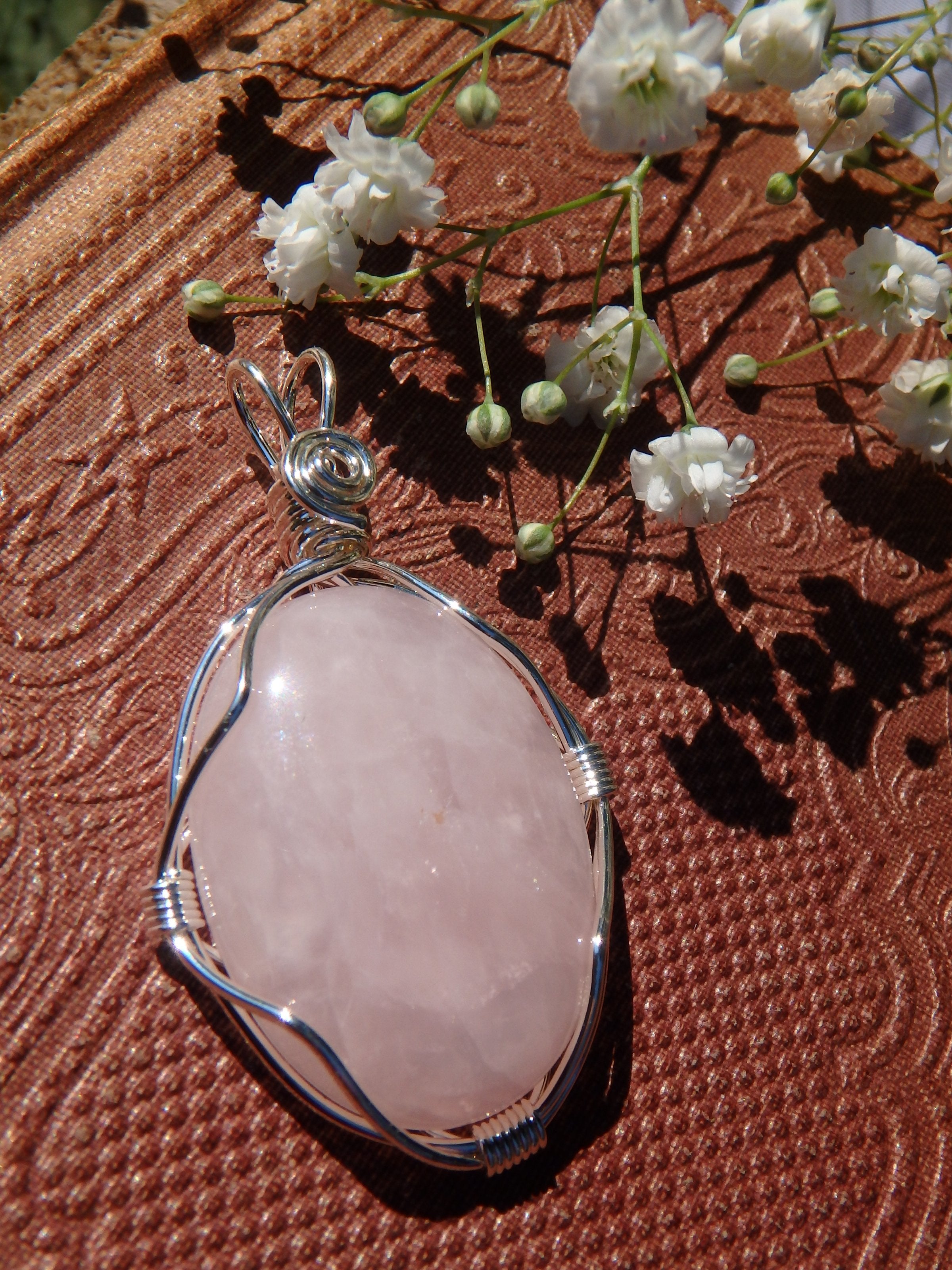 Pretty Pink Rose Quartz & Silver Wire Wrapped Pendant - Earth Family Crystals