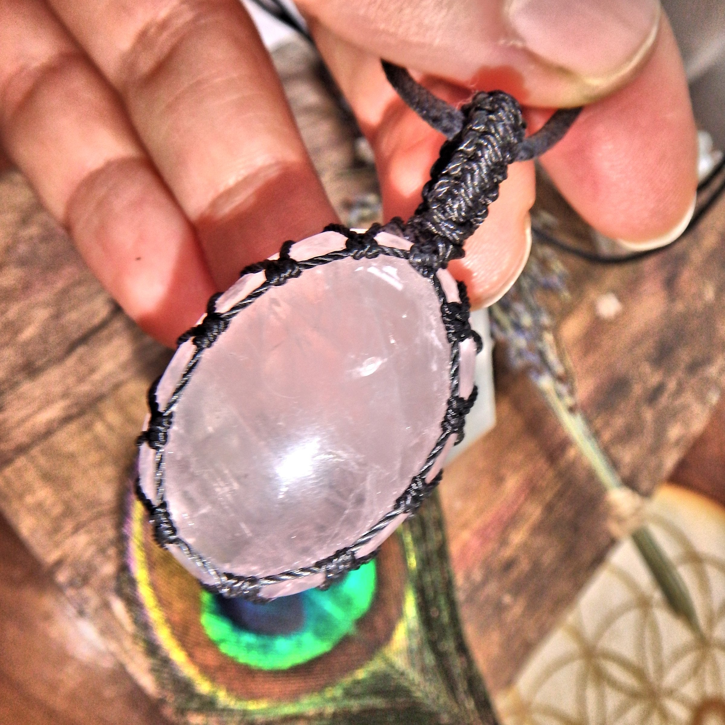 Pink Passion Rose Quartz Handmade Macrame Pendant on Adjustable Cotton Cord - Earth Family Crystals