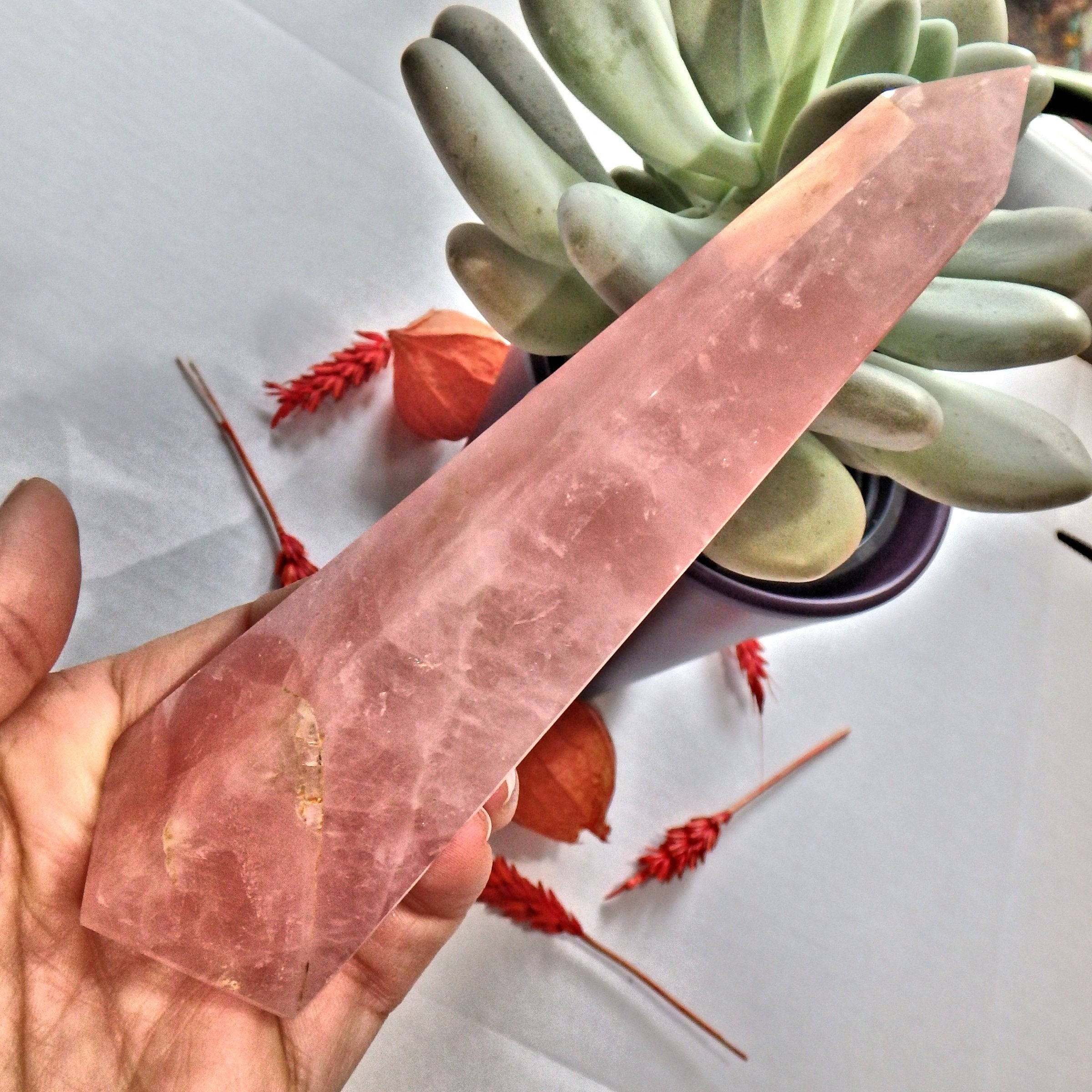 Sweet Deep Pink Rose Quartz Tall Obelisk Standing Display Specimen - Earth Family Crystals