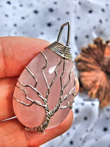 Sweet Pink Rose Quartz Tree of Life Wire Wrapped Pendant - Earth Family Crystals