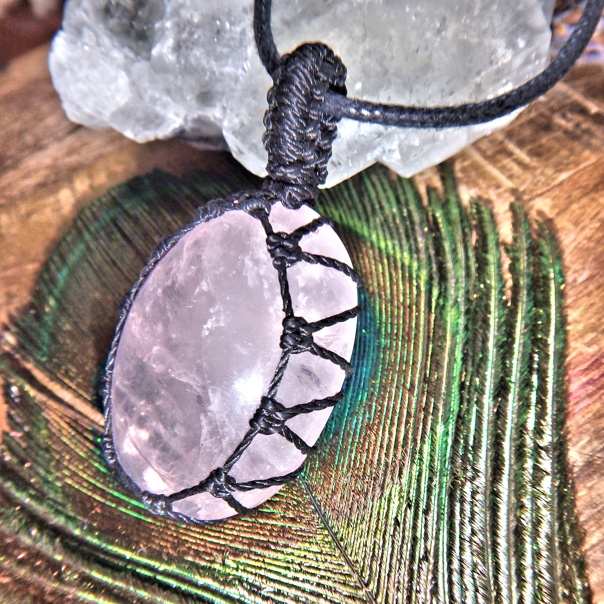 Pink Passion Rose Quartz Handmade Macrame Pendant on Adjustable Cotton Cord - Earth Family Crystals