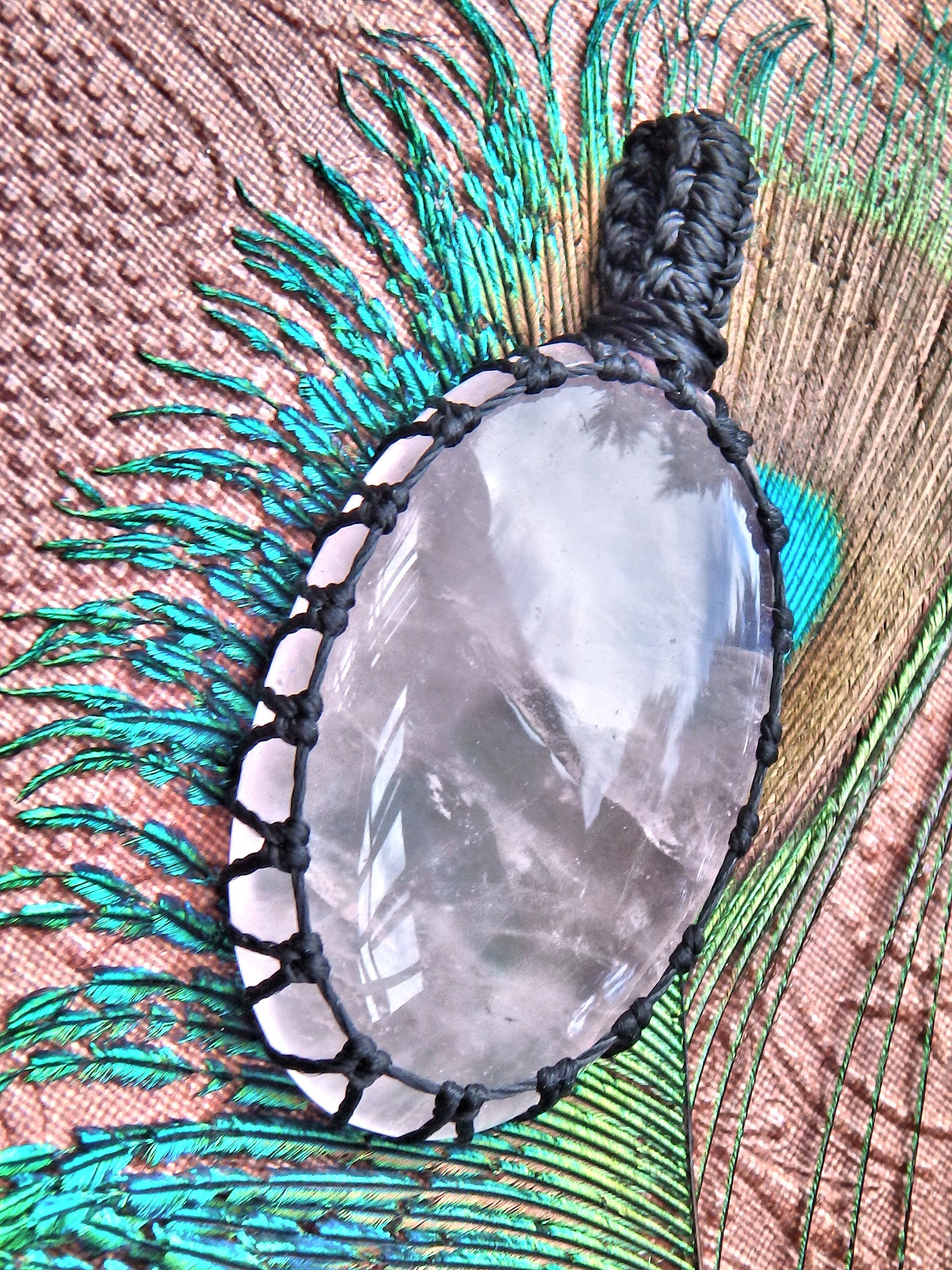 Optical Pink Rose Quartz  Macrame Wrapped Pendant