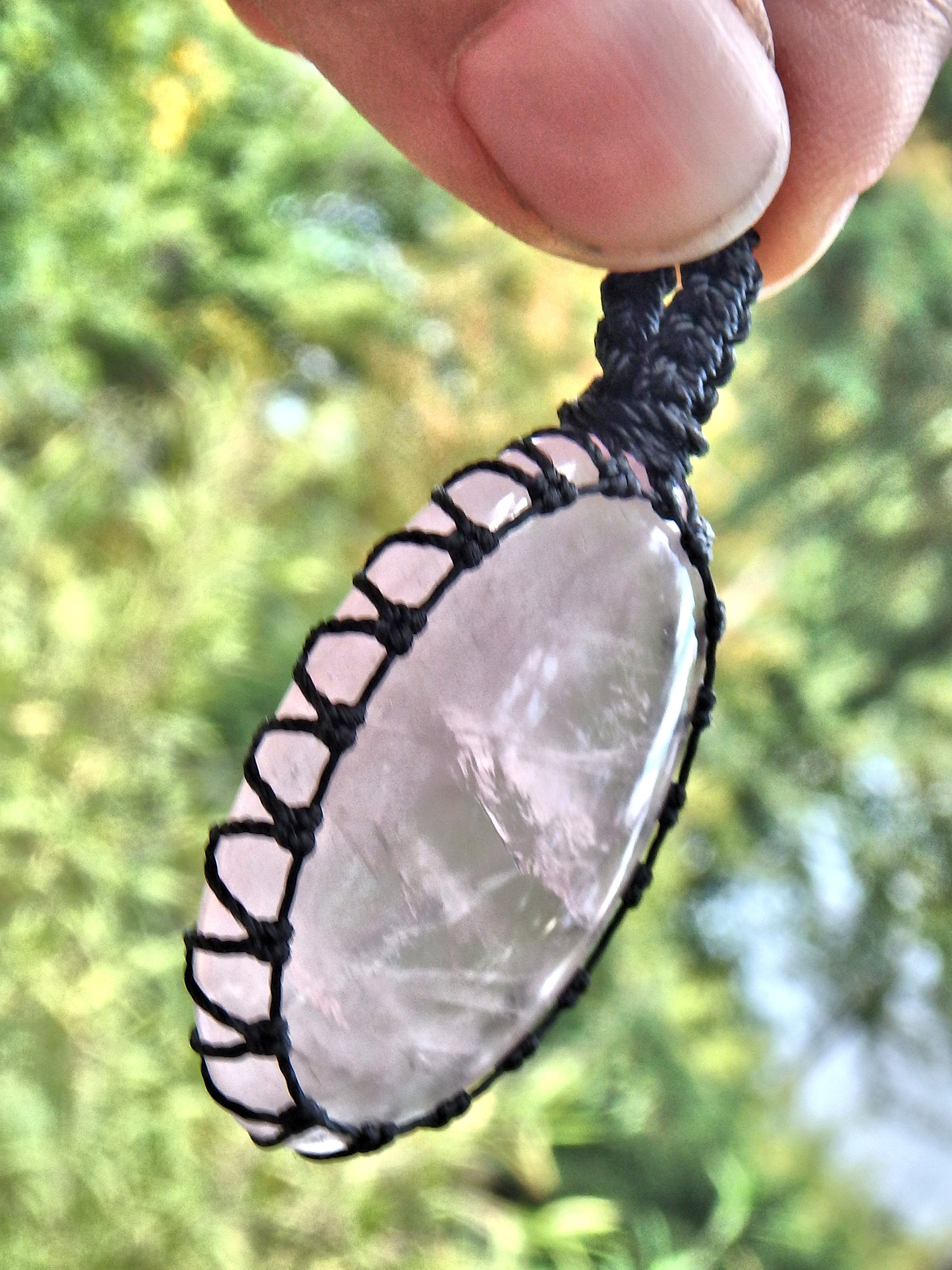 Optical Pink Rose Quartz  Macrame Wrapped Pendant