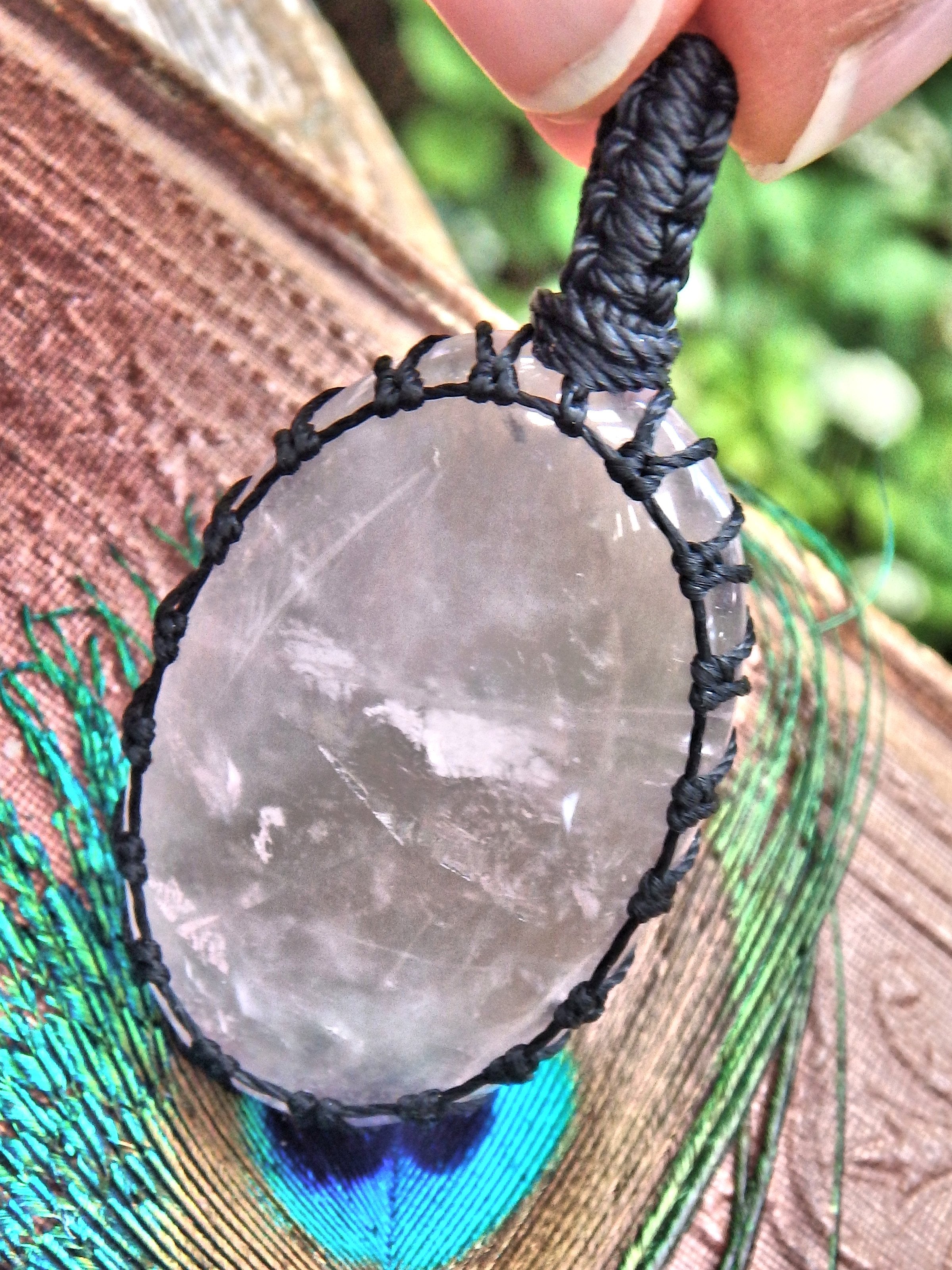 Optical Pink Rose Quartz  Macrame Wrapped Pendant