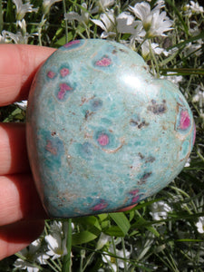 Beautiful Mint Green & Deep Lipstick Pink Ruby Fuschite Heart Carving 1 - Earth Family Crystals