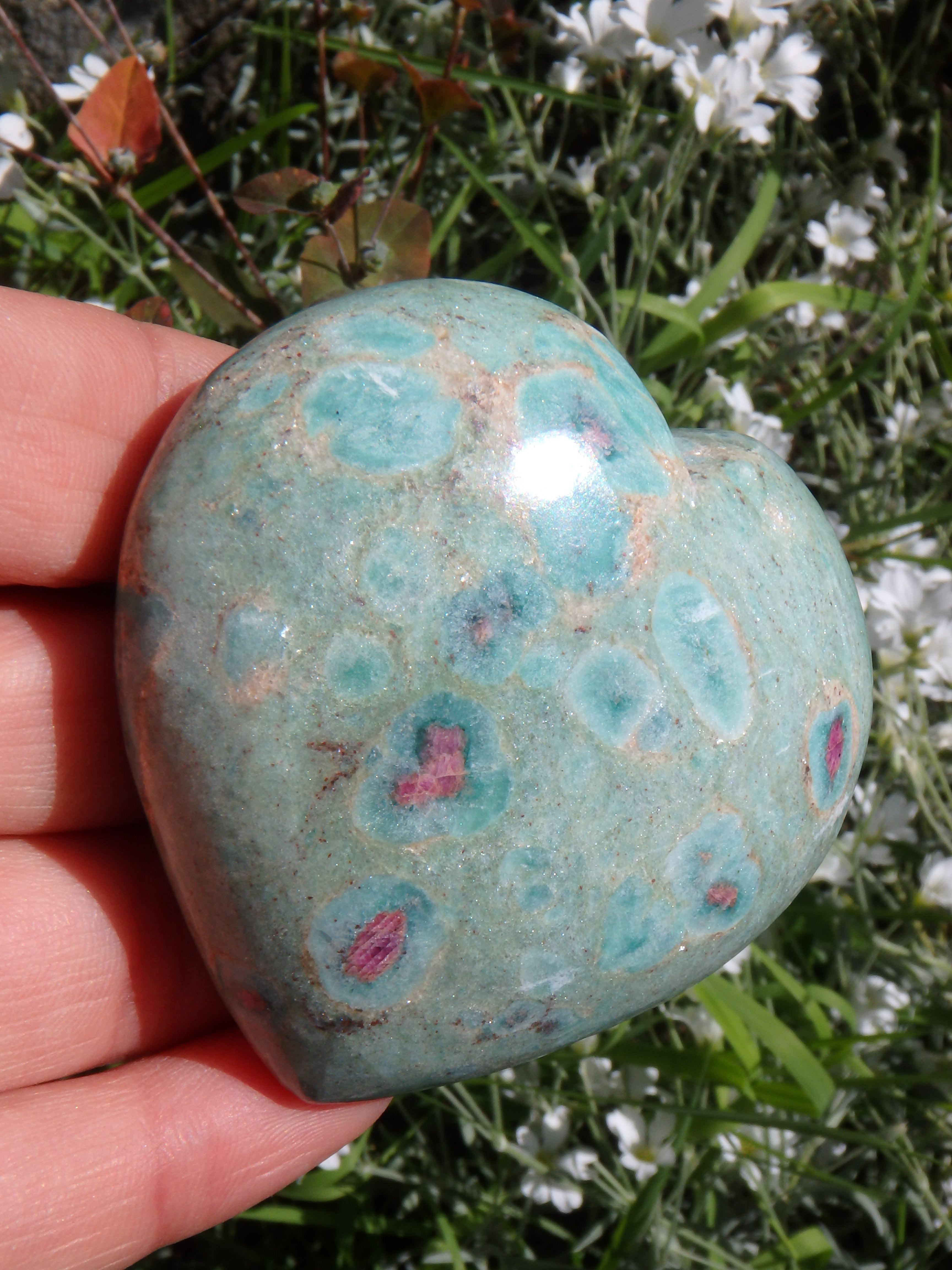 Beautiful Mint Green & Deep Lipstick Pink Ruby Fuschite Heart Carving 3 - Earth Family Crystals