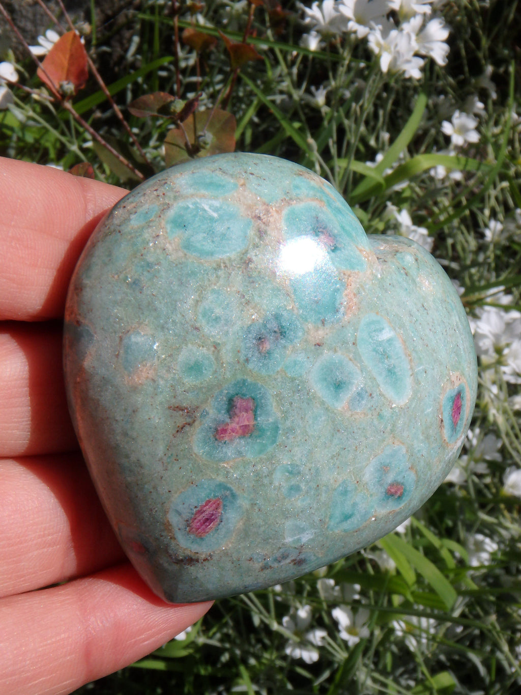 Beautiful Mint Green & Deep Lipstick Pink Ruby Fuschite Heart Carving 3 - Earth Family Crystals