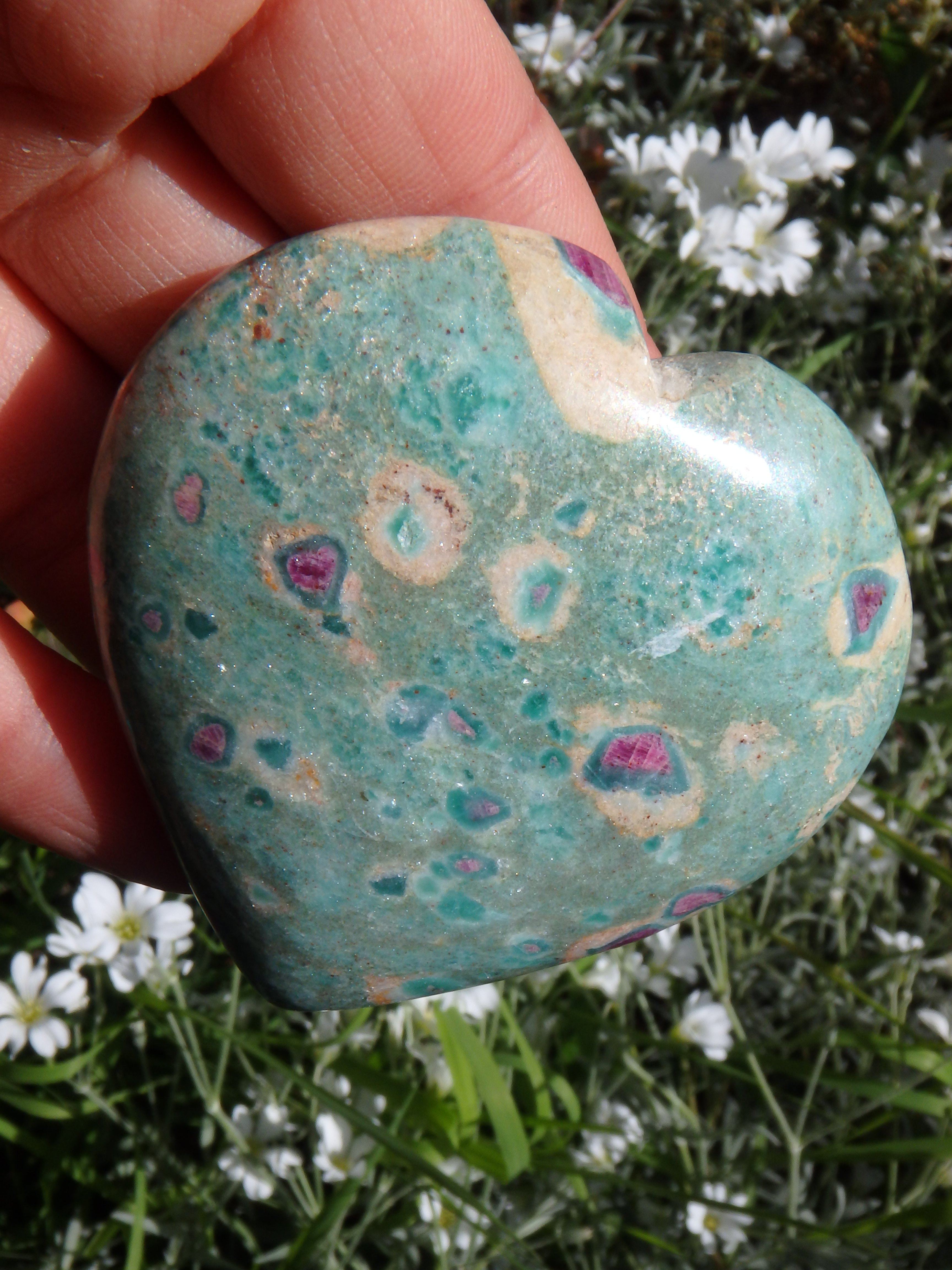 Beautiful Mint Green & Deep Lipstick Pink Ruby Fuschite Heart Carving 2 - Earth Family Crystals