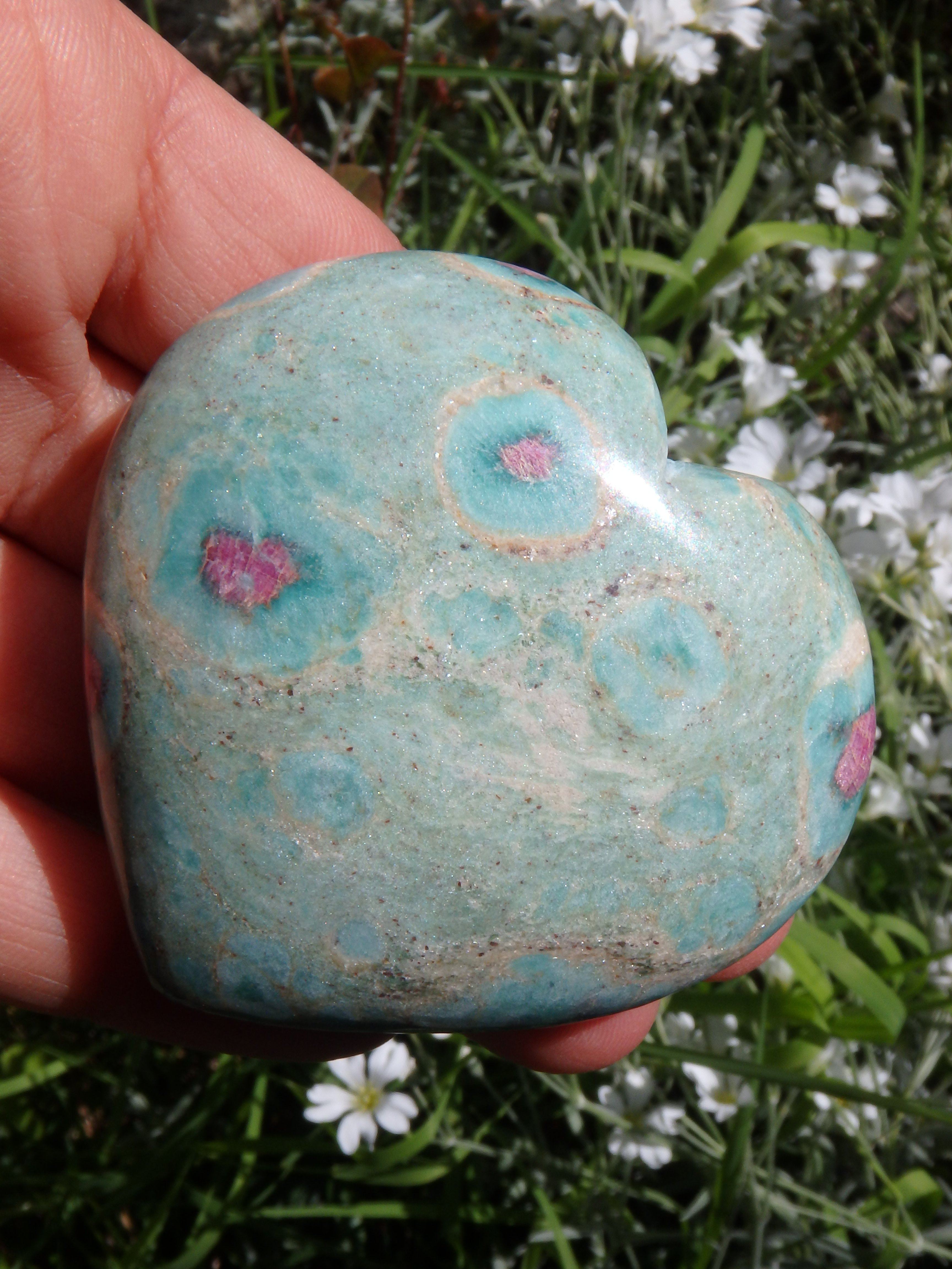 Beautiful Mint Green & Deep Lipstick Pink Ruby Fuschite Heart Carving 3 - Earth Family Crystals