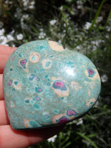 Beautiful Mint Green & Deep Lipstick Pink Ruby Fuschite Heart Carving 2 - Earth Family Crystals