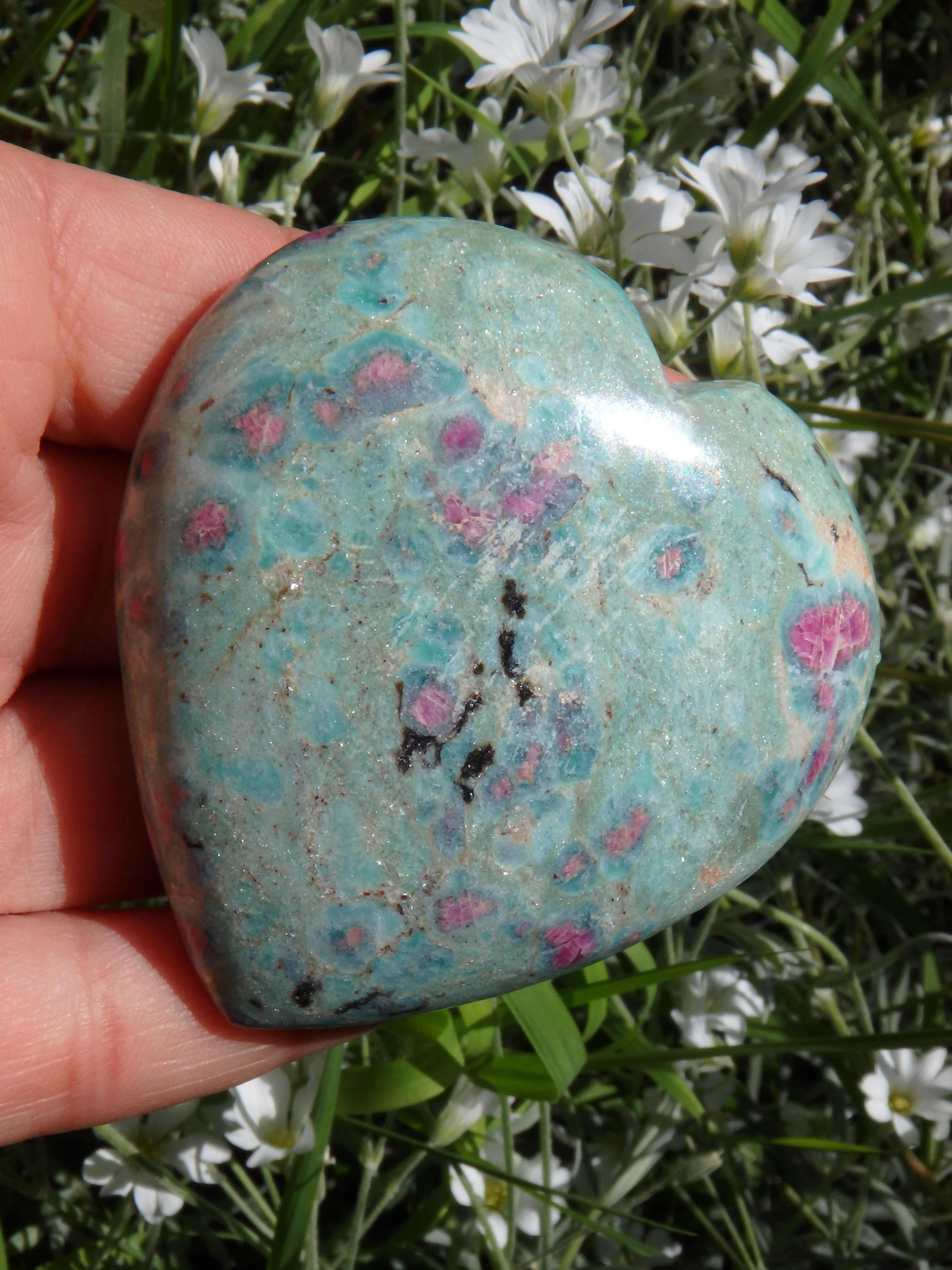 Beautiful Mint Green & Deep Lipstick Pink Ruby Fuschite Heart Carving 1 - Earth Family Crystals