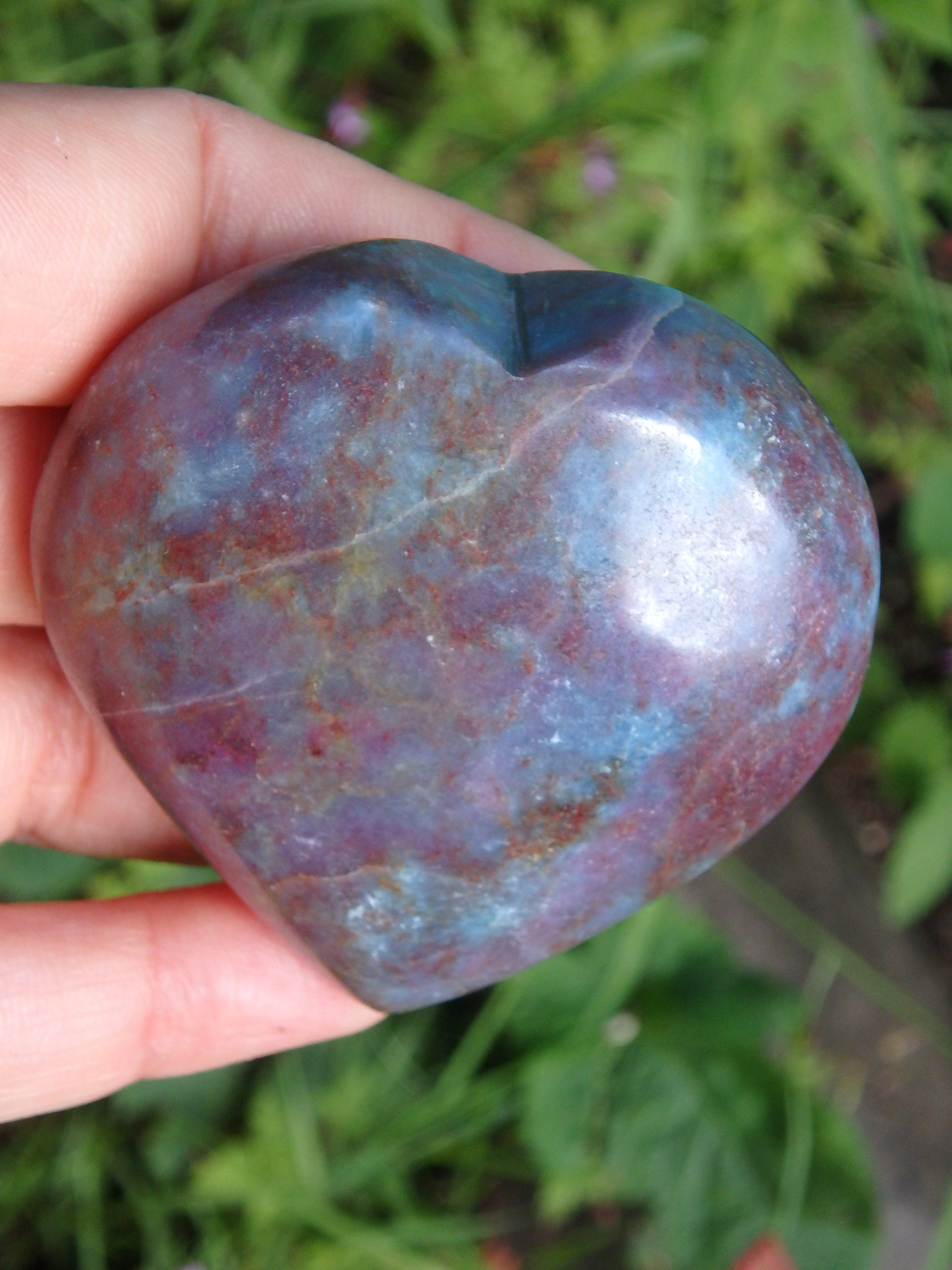 Creamy Blue & Burgundy Ruby Kyanite Combo Heart Carving - Earth Family Crystals