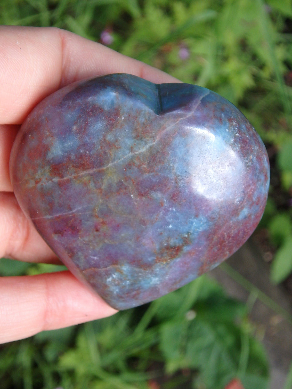 Creamy Blue & Burgundy Ruby Kyanite Combo Heart Carving - Earth Family Crystals