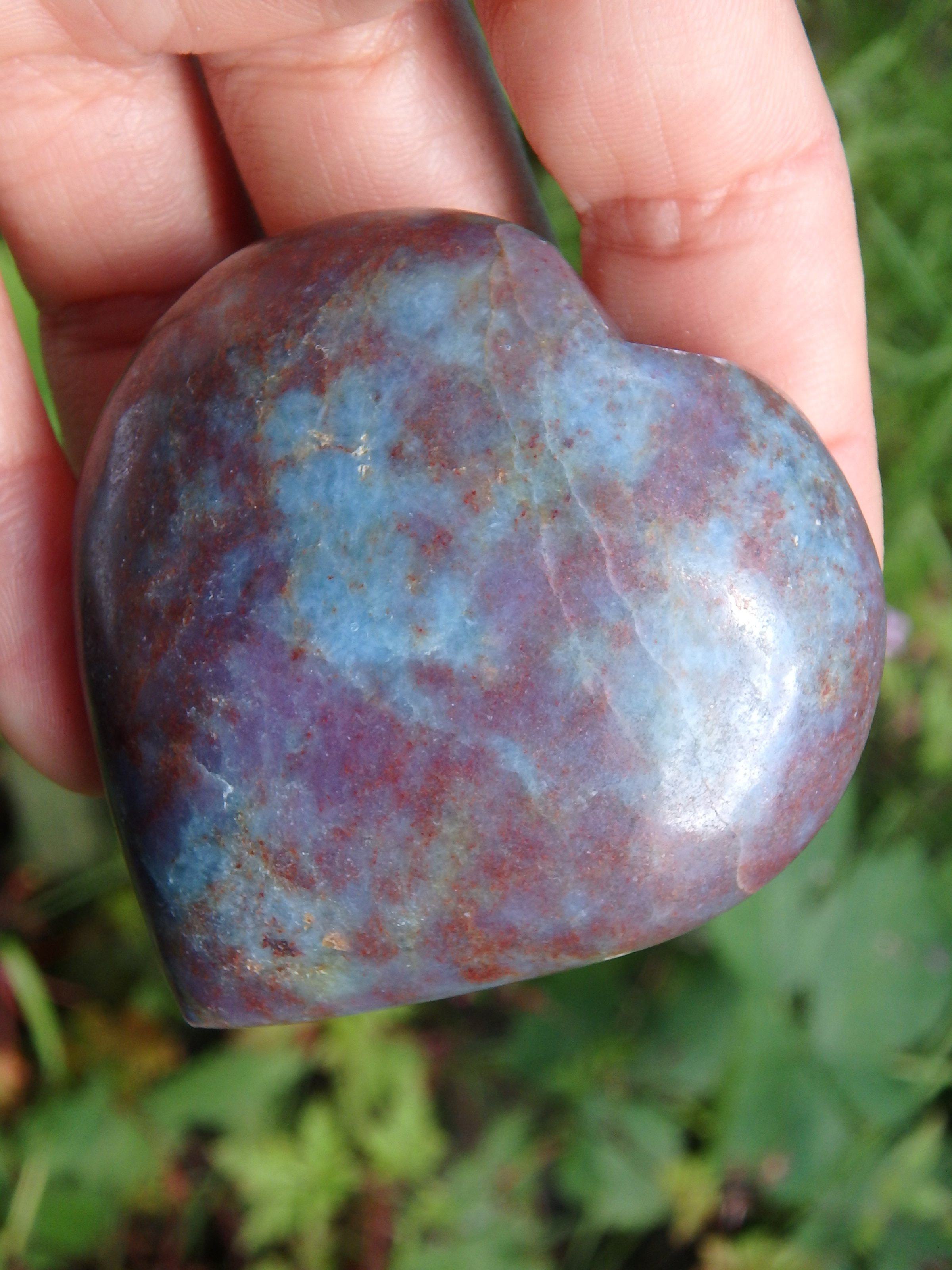 Creamy Blue & Burgundy Ruby Kyanite Combo Heart Carving - Earth Family Crystals