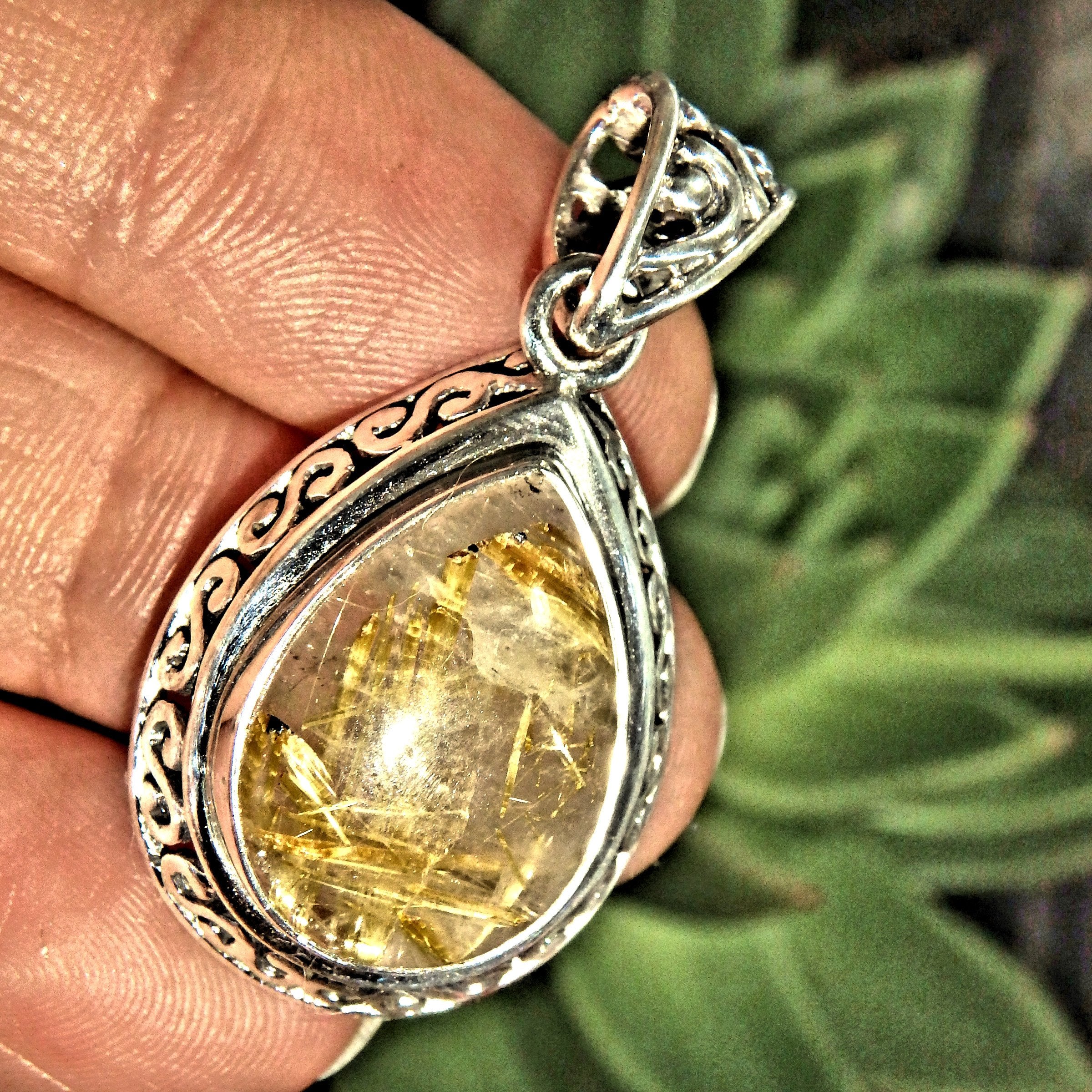 Elegant Golden Rutilated Quartz Sterling Silver Pendant (Includes Silver Chain) - Earth Family Crystals