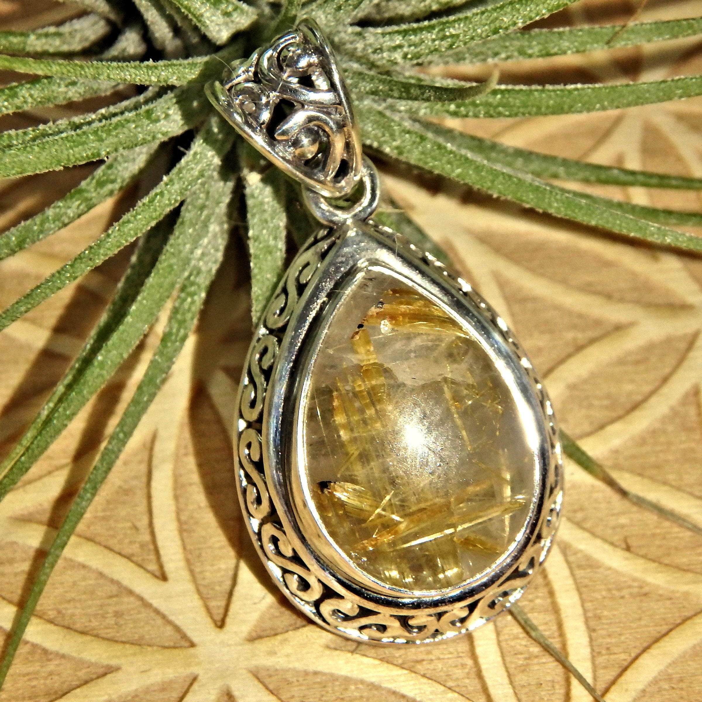 Elegant Golden Rutilated Quartz Sterling Silver Pendant (Includes Silver Chain) - Earth Family Crystals