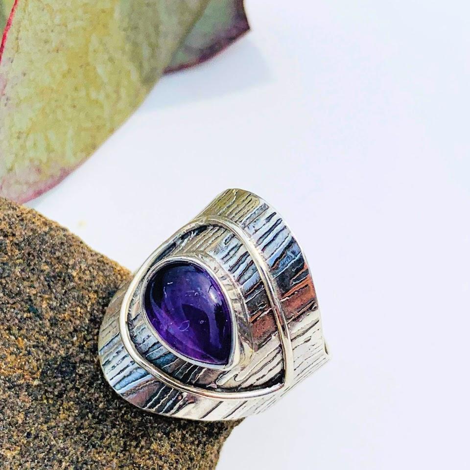Cute Teardrop Purple Amethyst Sterling Silver Ring (Size 6) - Earth Family Crystals