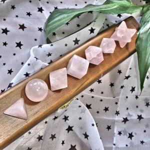 Complete 7 Stone Rose Quartz Sacred Geometry (Platonic solids) Carvings in Protective Wood Case - Earth Family Crystals