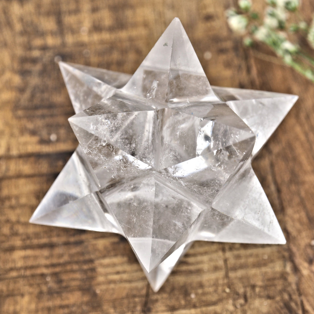 One 12 Pointed Star Double Merkaba (Stellated Dodecahedron) Clear Quartz Carving From Brazil - Earth Family Crystals