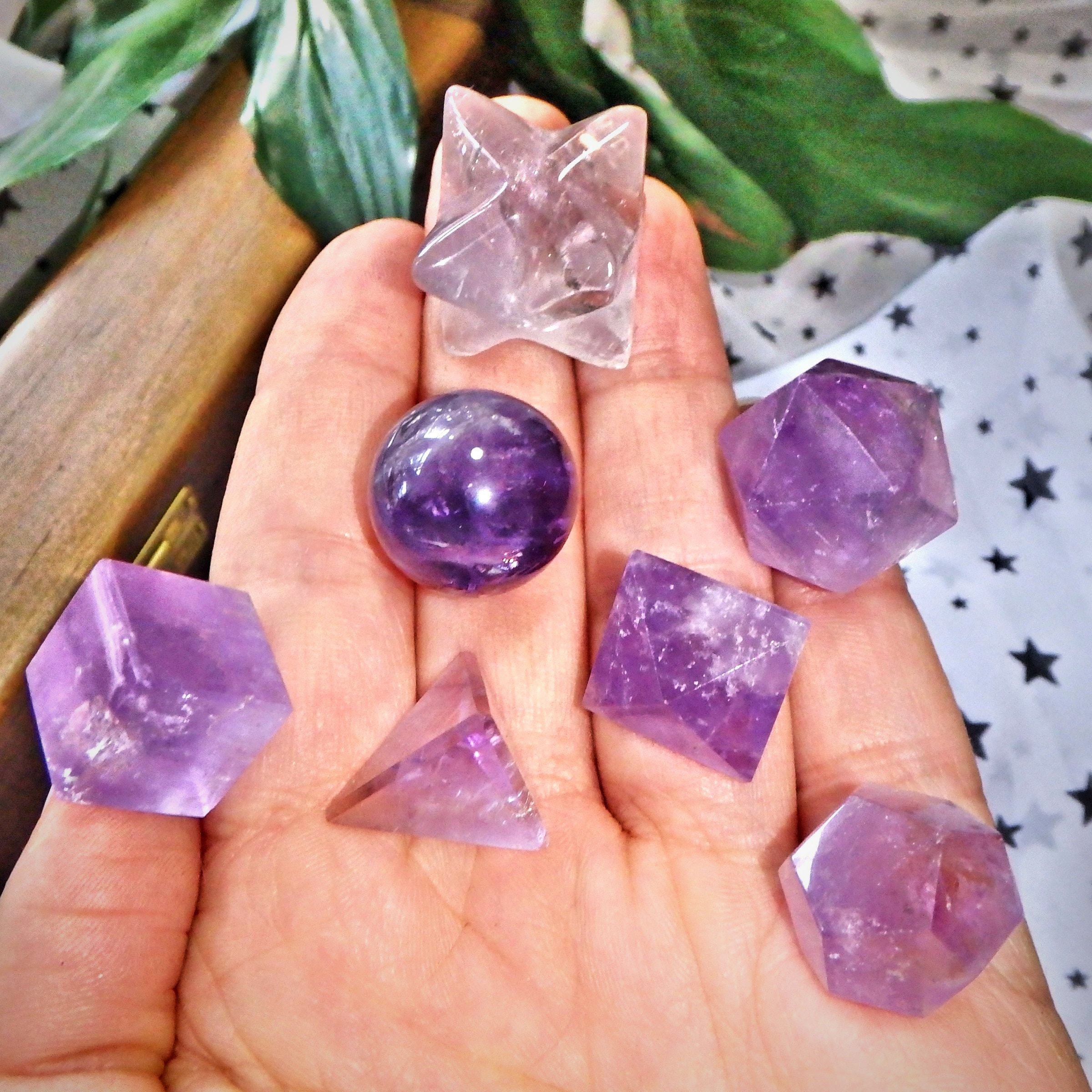 Complete 7 Stone Amethyst  Sacred Geometry (Platonic solids) Carvings in Protective Wood Case - Earth Family Crystals