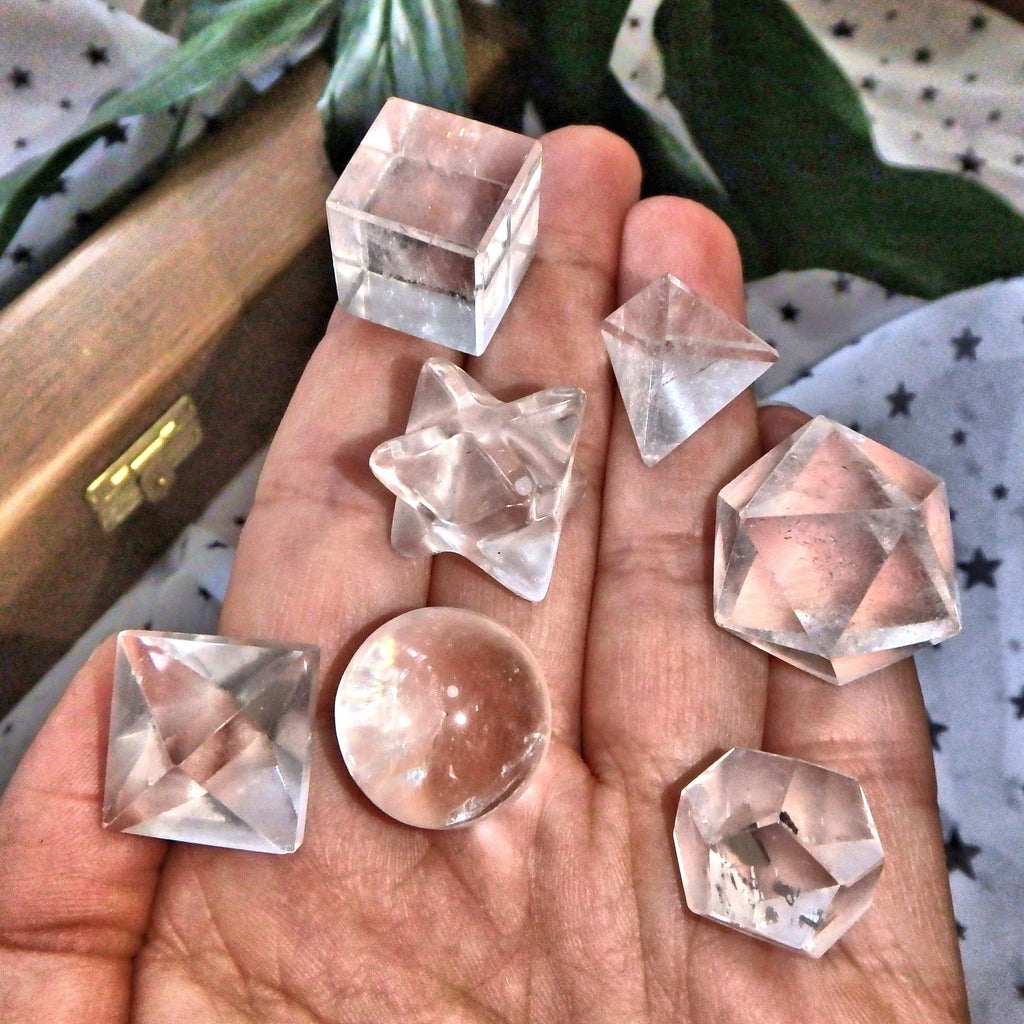 Complete 7 Stone Clear Quartz  Sacred Geometry (Platonic solids) Carvings in Protective Wood Case - Earth Family Crystals