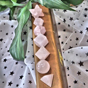 Complete 7 Stone Rose Quartz Sacred Geometry (Platonic solids) Carvings in Protective Wood Case - Earth Family Crystals