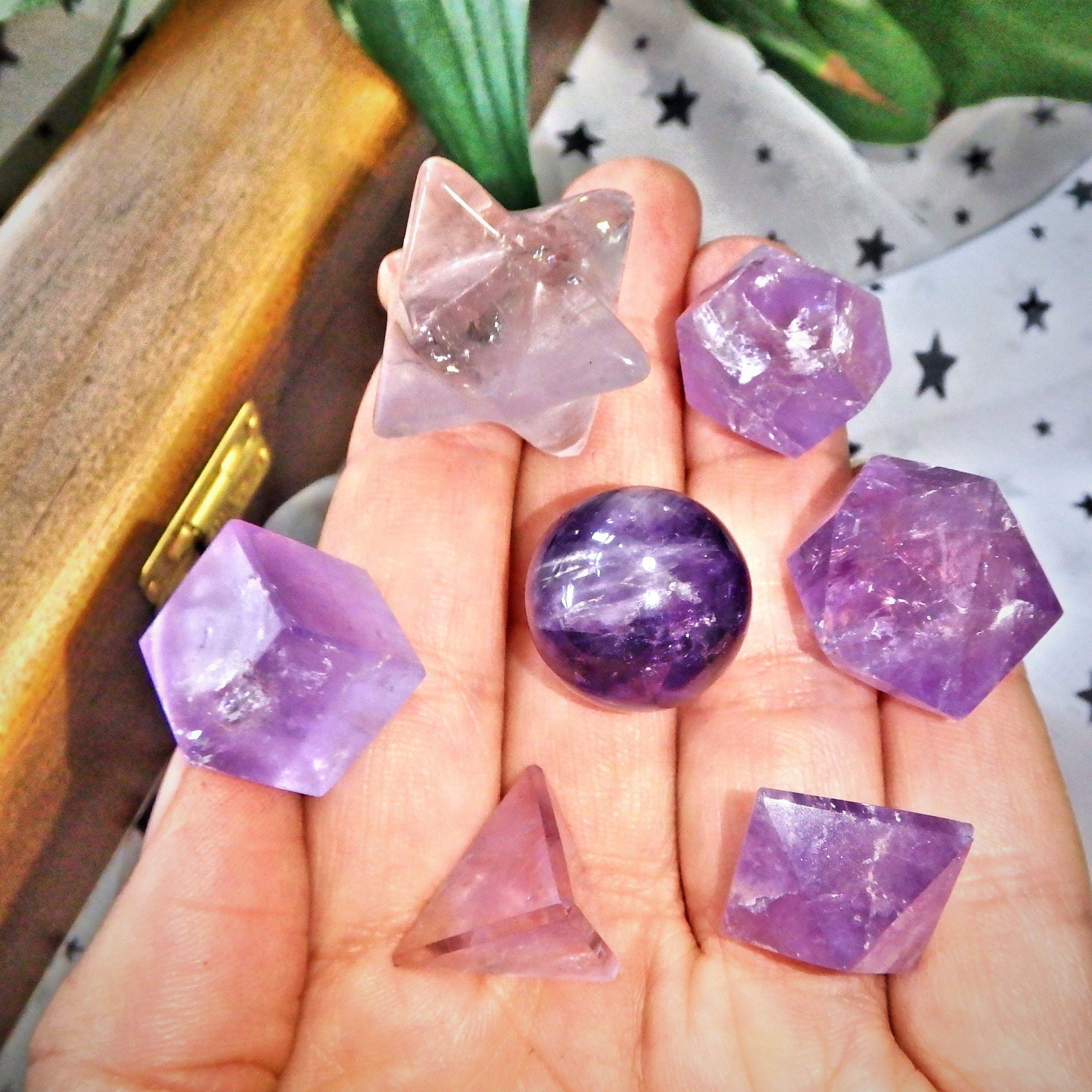 Complete 7 Stone Amethyst  Sacred Geometry (Platonic solids) Carvings in Protective Wood Case - Earth Family Crystals