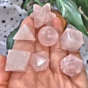 Complete 7 Stone Rose Quartz Sacred Geometry (Platonic solids) Carvings in Protective Wood Case - Earth Family Crystals