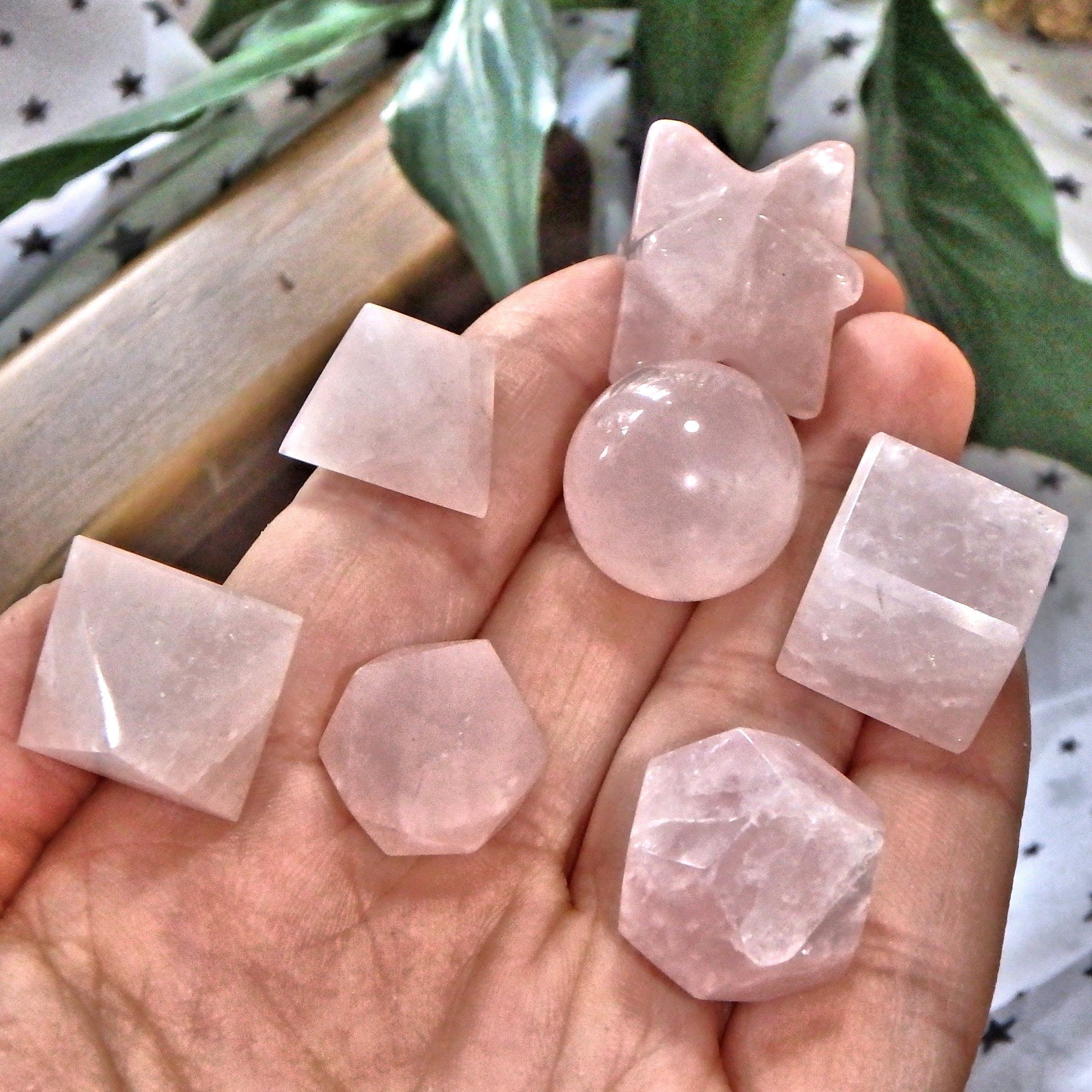 Complete 7 Stone Rose Quartz Sacred Geometry (Platonic solids) Carvings in Protective Wood Case - Earth Family Crystals
