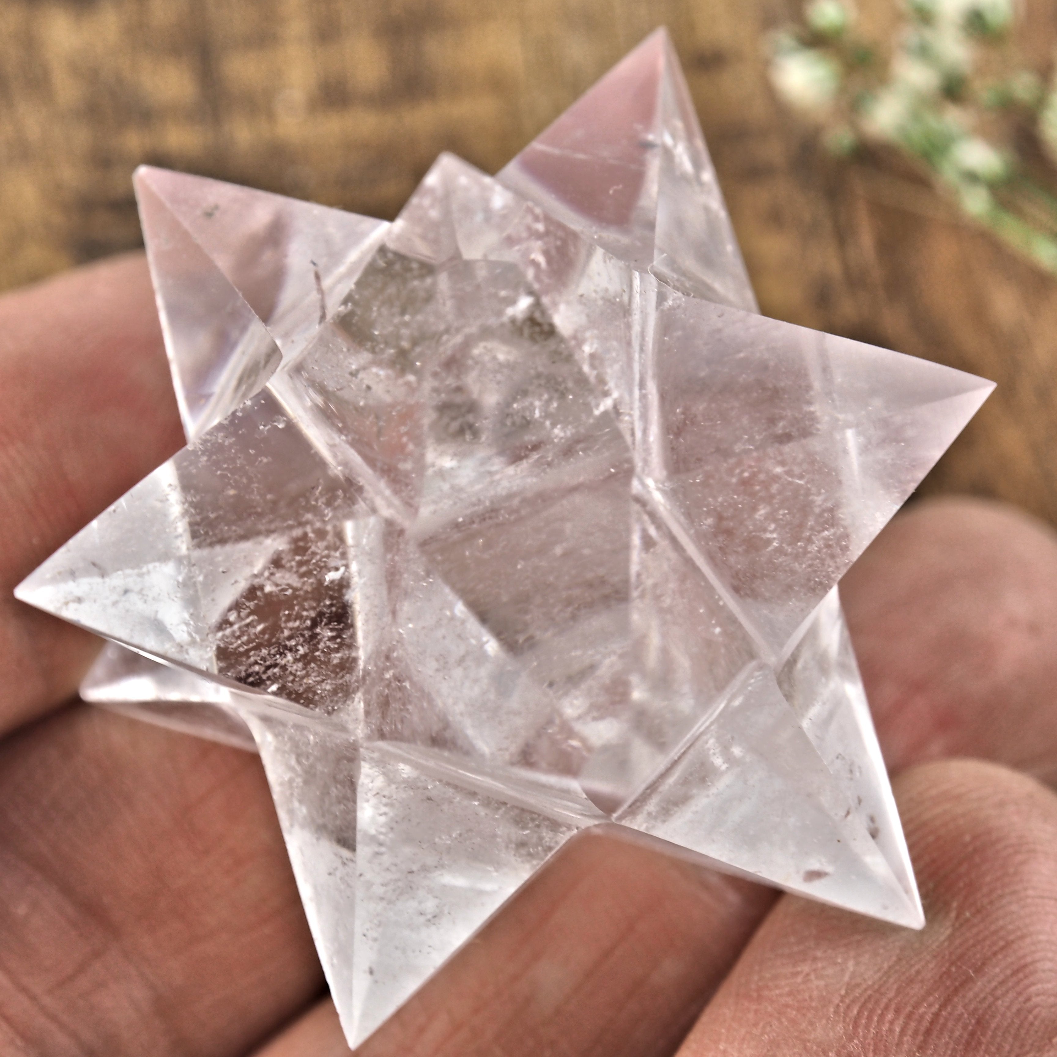 One 12 Pointed Star Double Merkaba (Stellated Dodecahedron) Clear Quartz Carving From Brazil - Earth Family Crystals