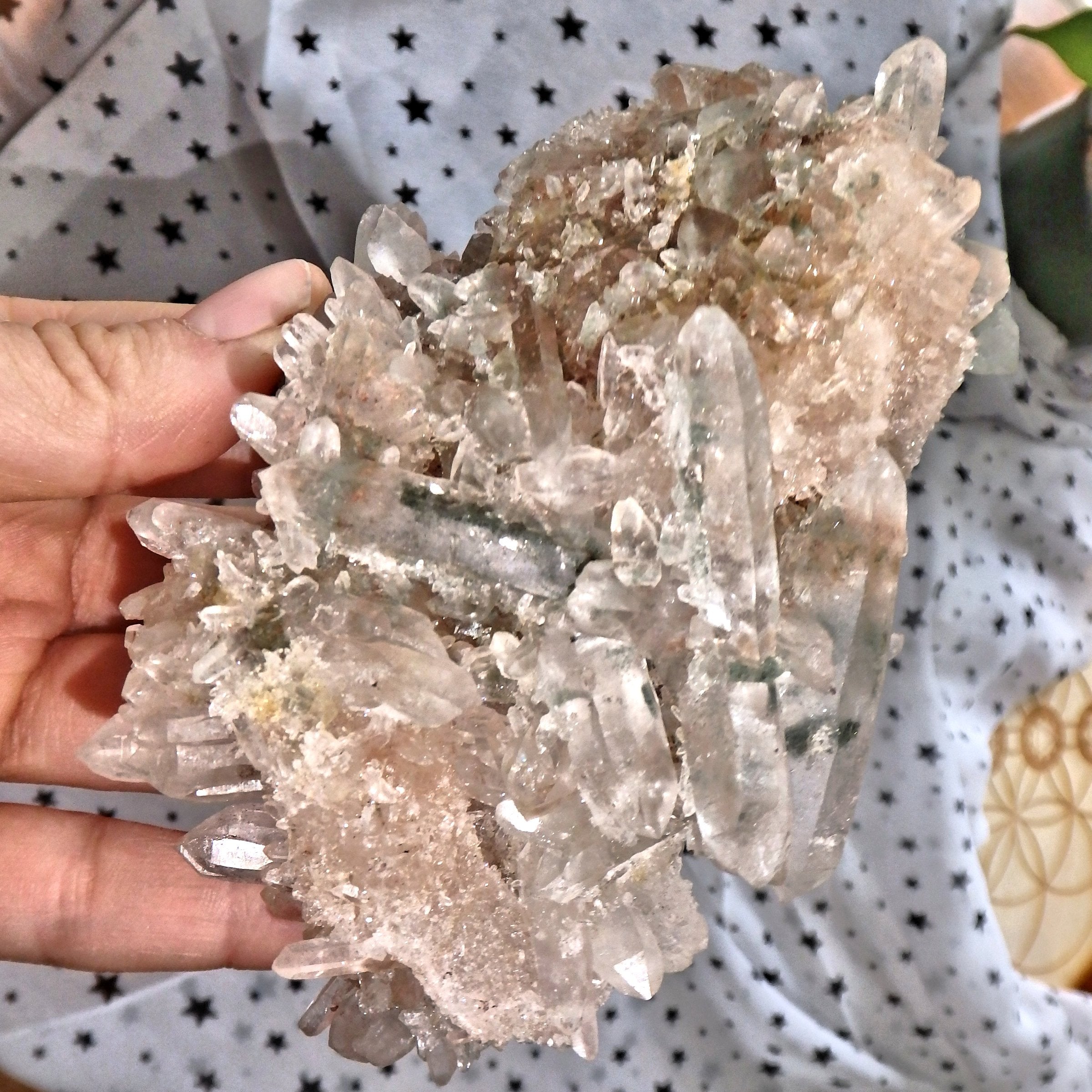 Fabulous Large Double Terminated Points Green & Pink Samadhi Himalayan Quartz Cluster - Earth Family Crystals