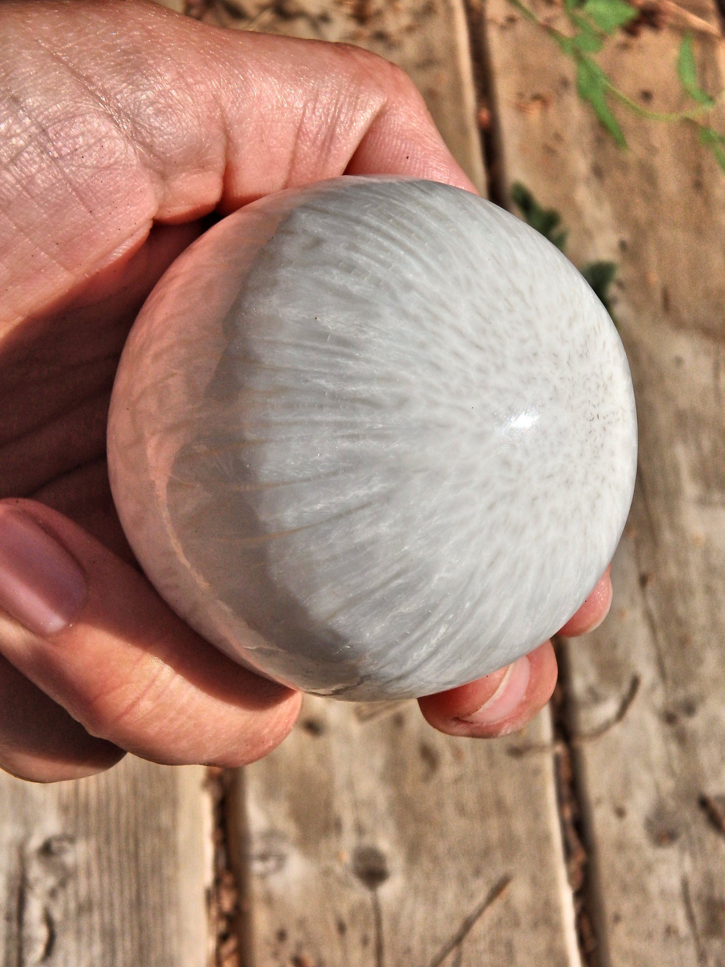 Blooming Silky White Flower Pattern Scolecite Sphere Carving - Earth Family Crystals