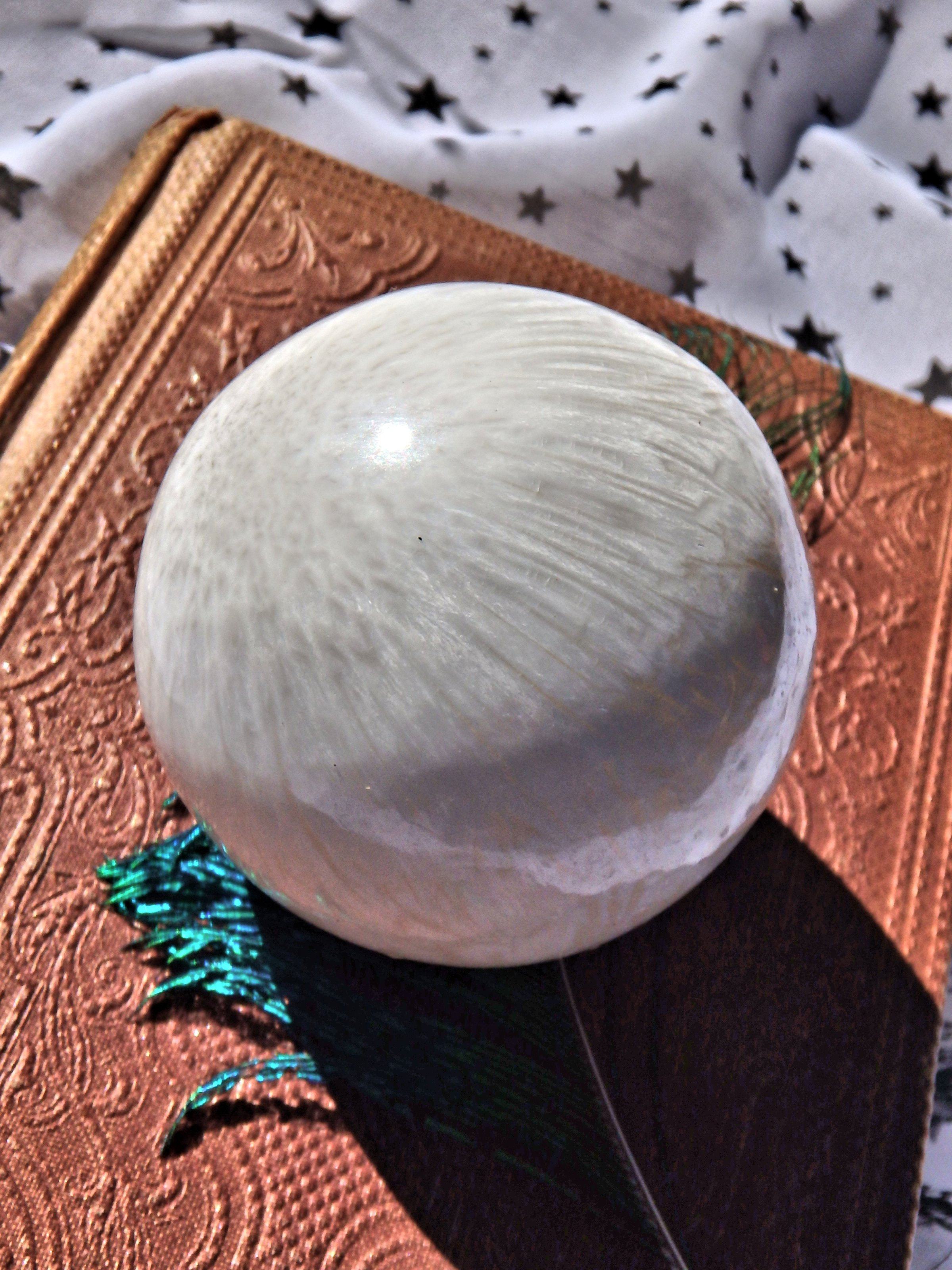 Blooming Silky White Flower Pattern Scolecite Sphere Carving - Earth Family Crystals