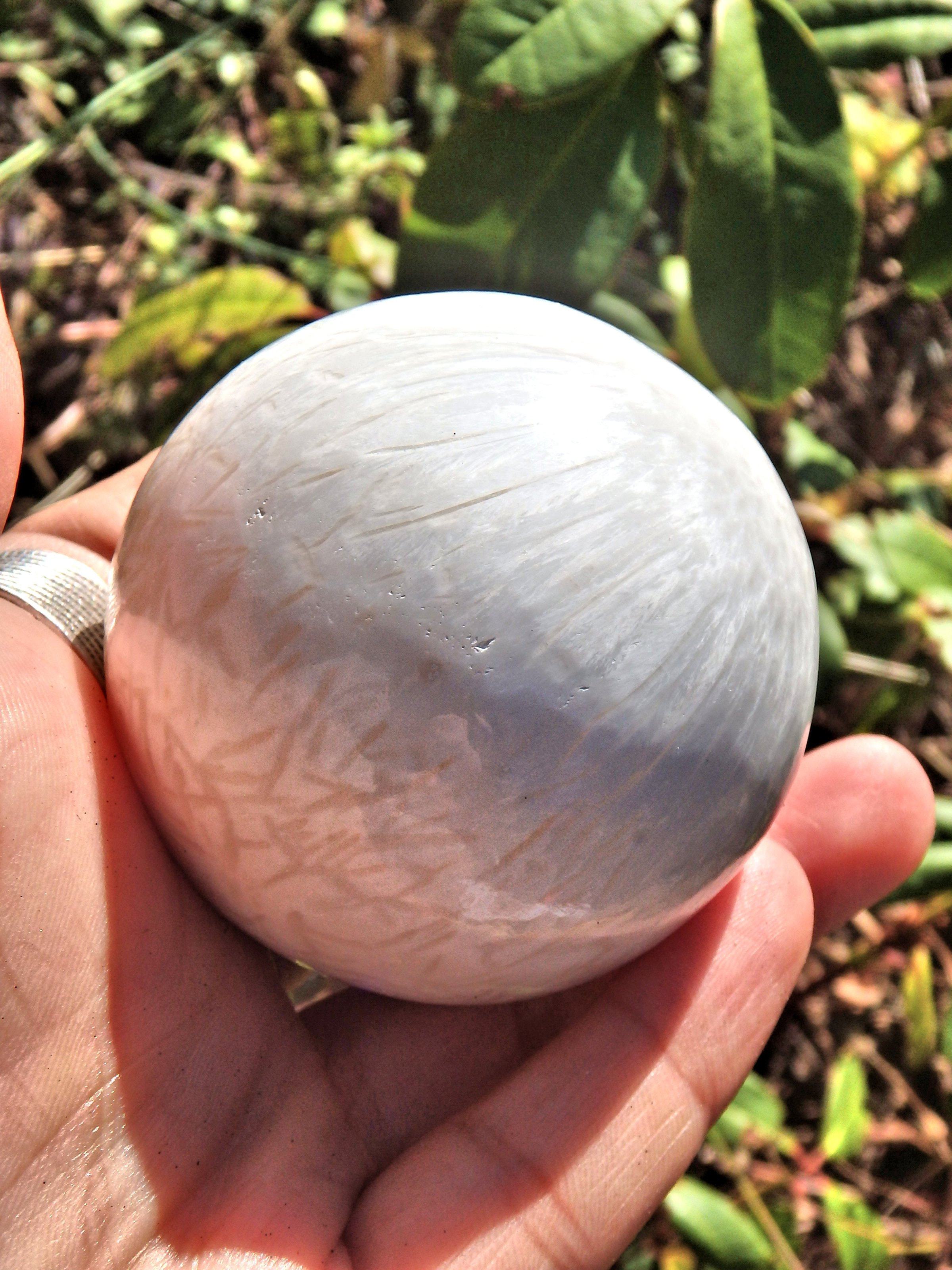 Blooming Silky White Flower Pattern Scolecite Sphere Carving - Earth Family Crystals
