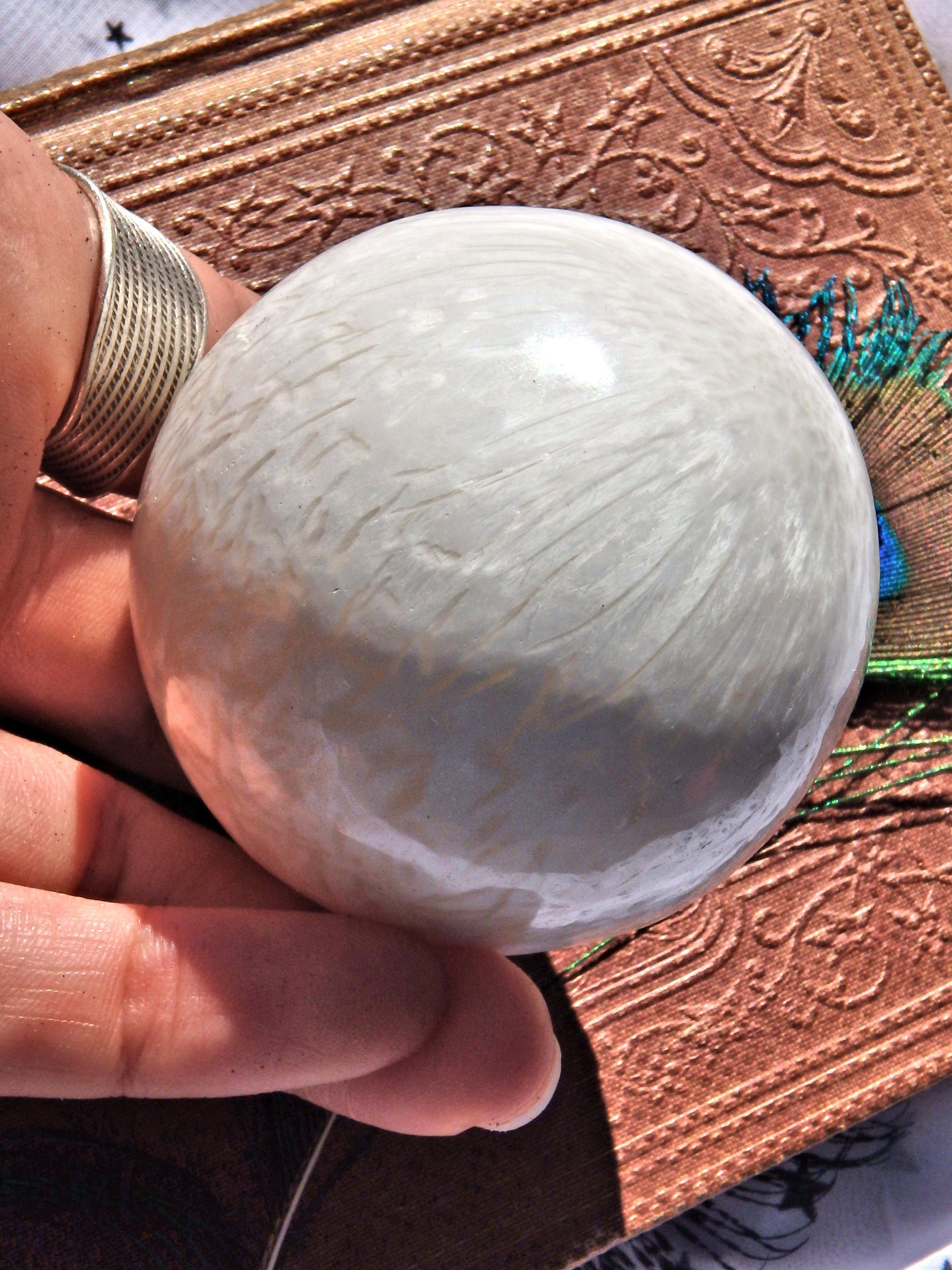 Blooming Silky White Flower Pattern Scolecite Sphere Carving - Earth Family Crystals