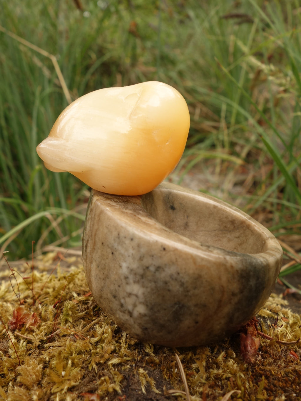 Vintage Orange Selenite Bird Perched on Stone Carved Bowl (Perfect to Store small Stones) - Earth Family Crystals