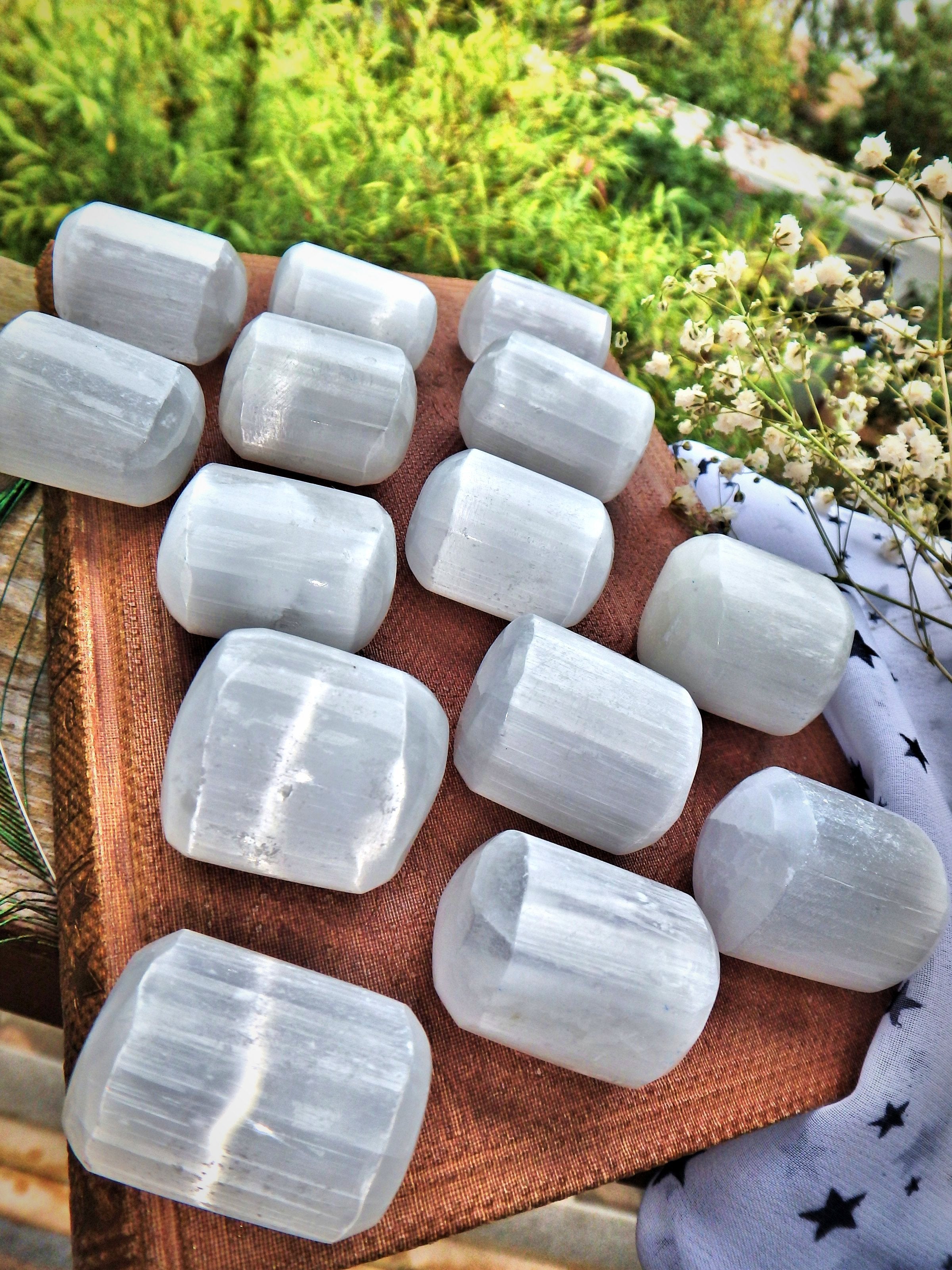 Set of 2 White Sheen Selenite Tumbled Pocket Stone