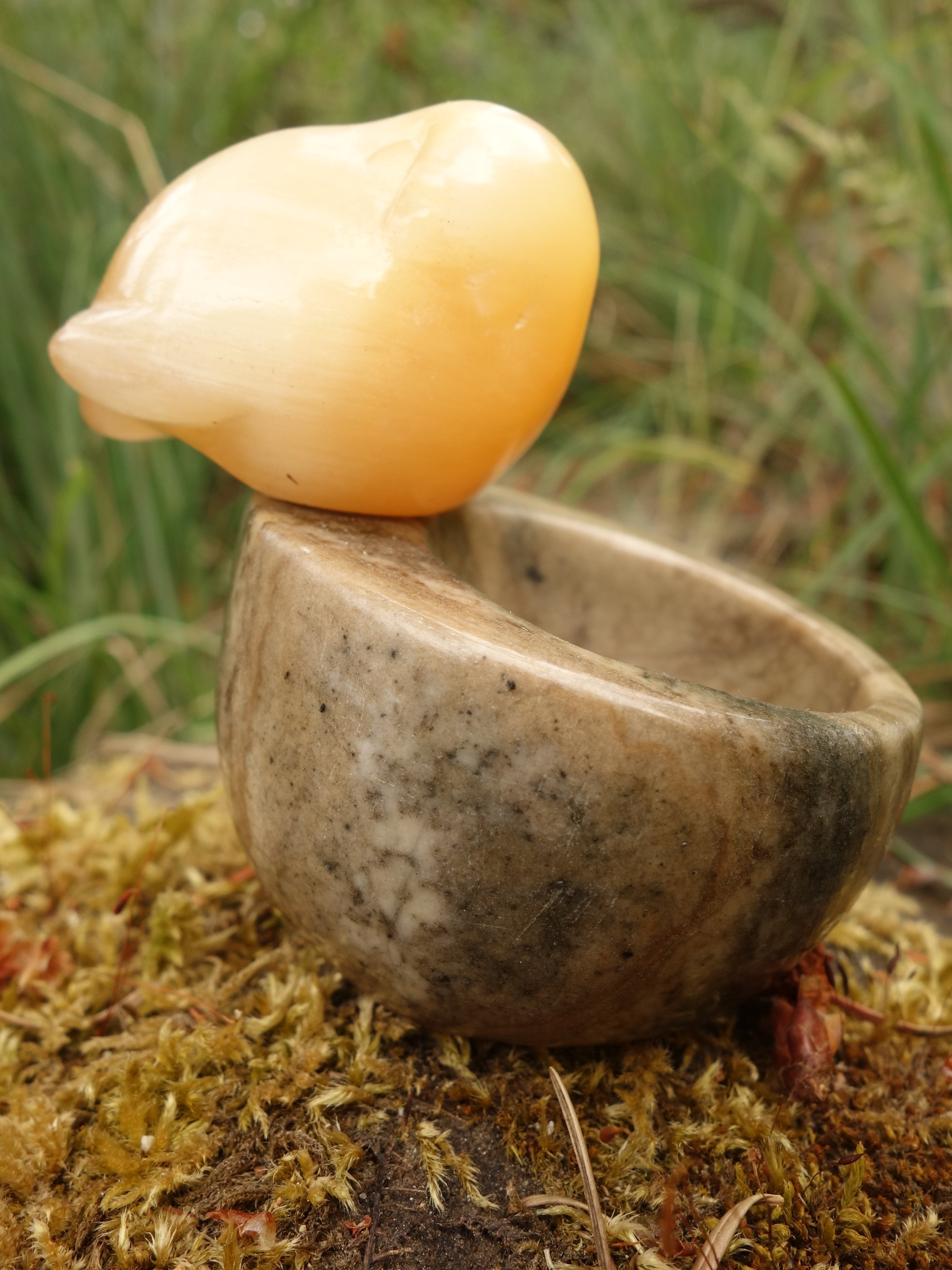 Vintage Orange Selenite Bird Perched on Stone Carved Bowl (Perfect to Store small Stones) - Earth Family Crystals