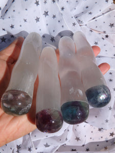 Unicorn Horn Rainbow Fluorite & Optical White Sheen  Selenite Twist Wand (1) - Earth Family Crystals