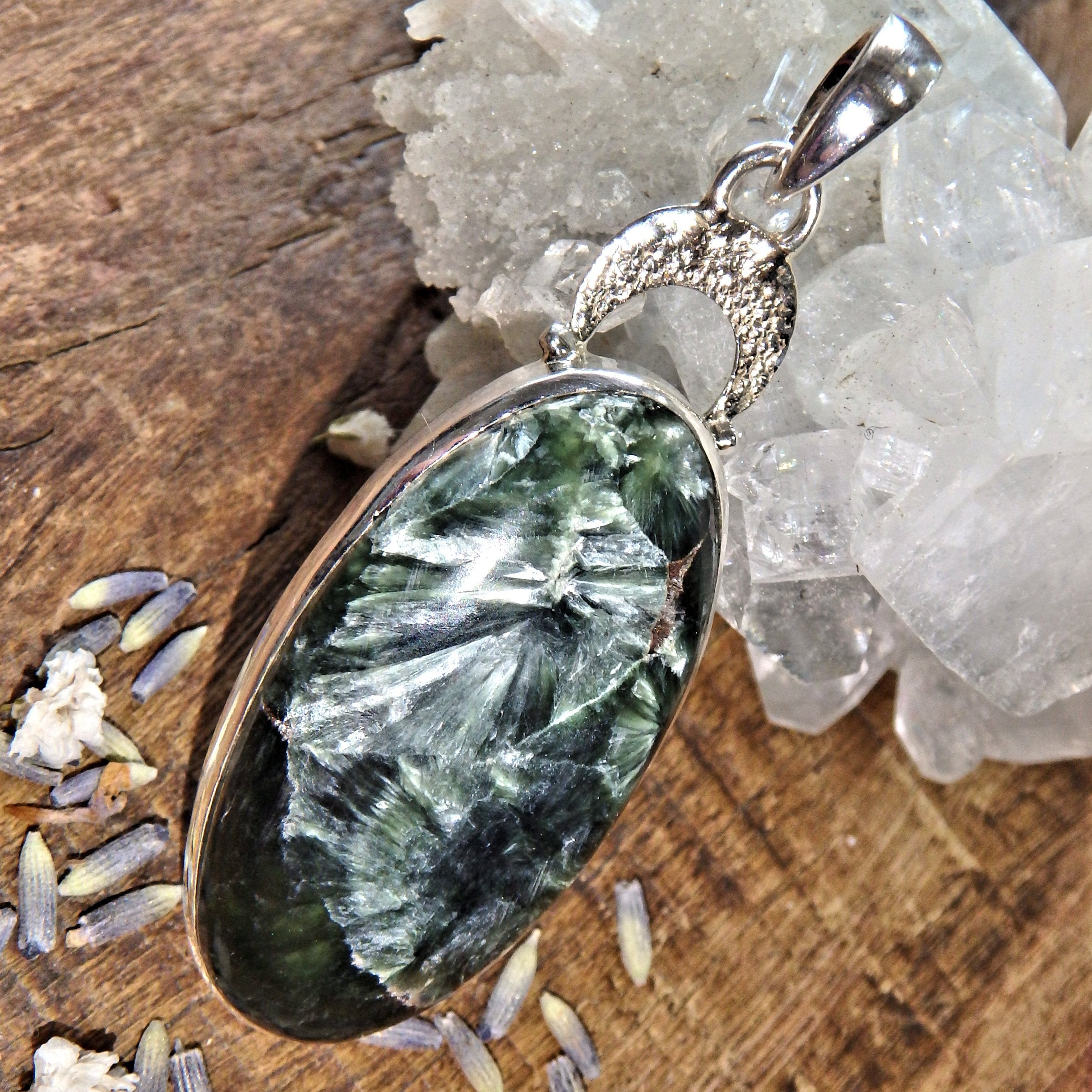 Silver Angel Wings & Forest Green Seraphinite Sterling Silver Pendant (Includes Silver Chain) - Earth Family Crystals