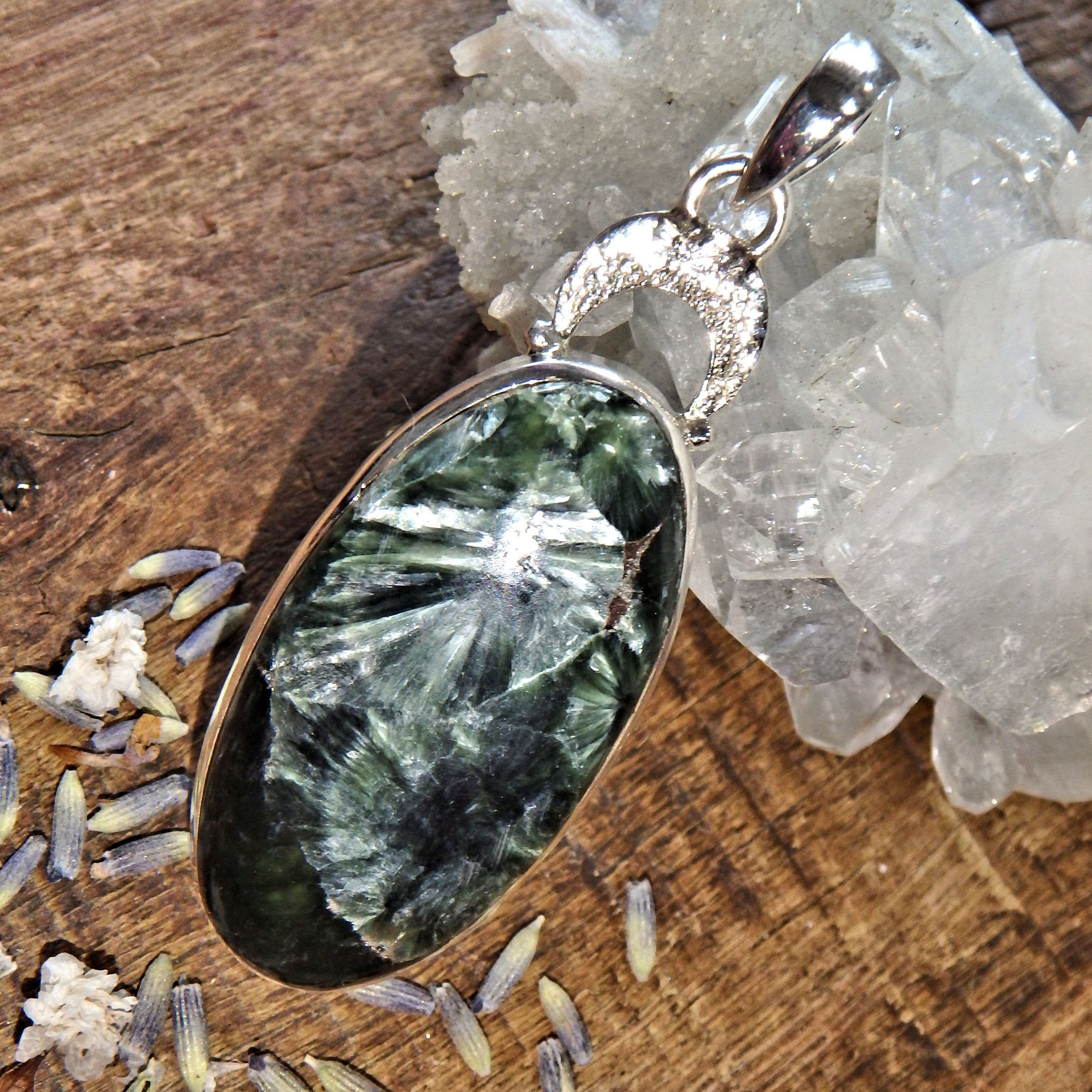 Silver Angel Wings & Forest Green Seraphinite Sterling Silver Pendant (Includes Silver Chain) - Earth Family Crystals