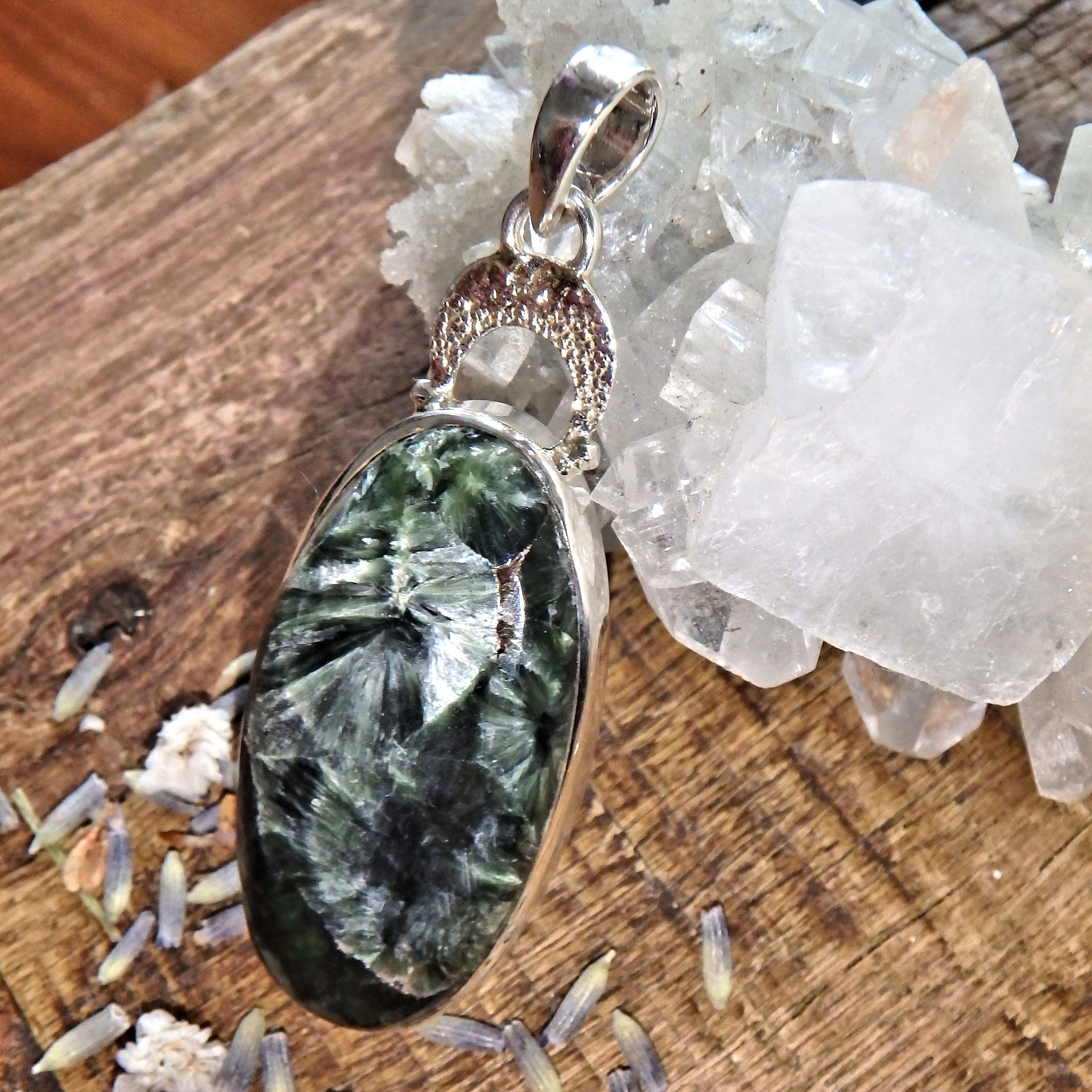 Silver Angel Wings & Forest Green Seraphinite Sterling Silver Pendant (Includes Silver Chain) - Earth Family Crystals